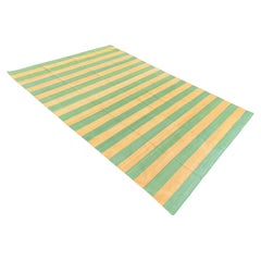 Handmade Cotton Area Flat Weave Rug, 9x12 Mustard, Green Striped Indian Dhurrie