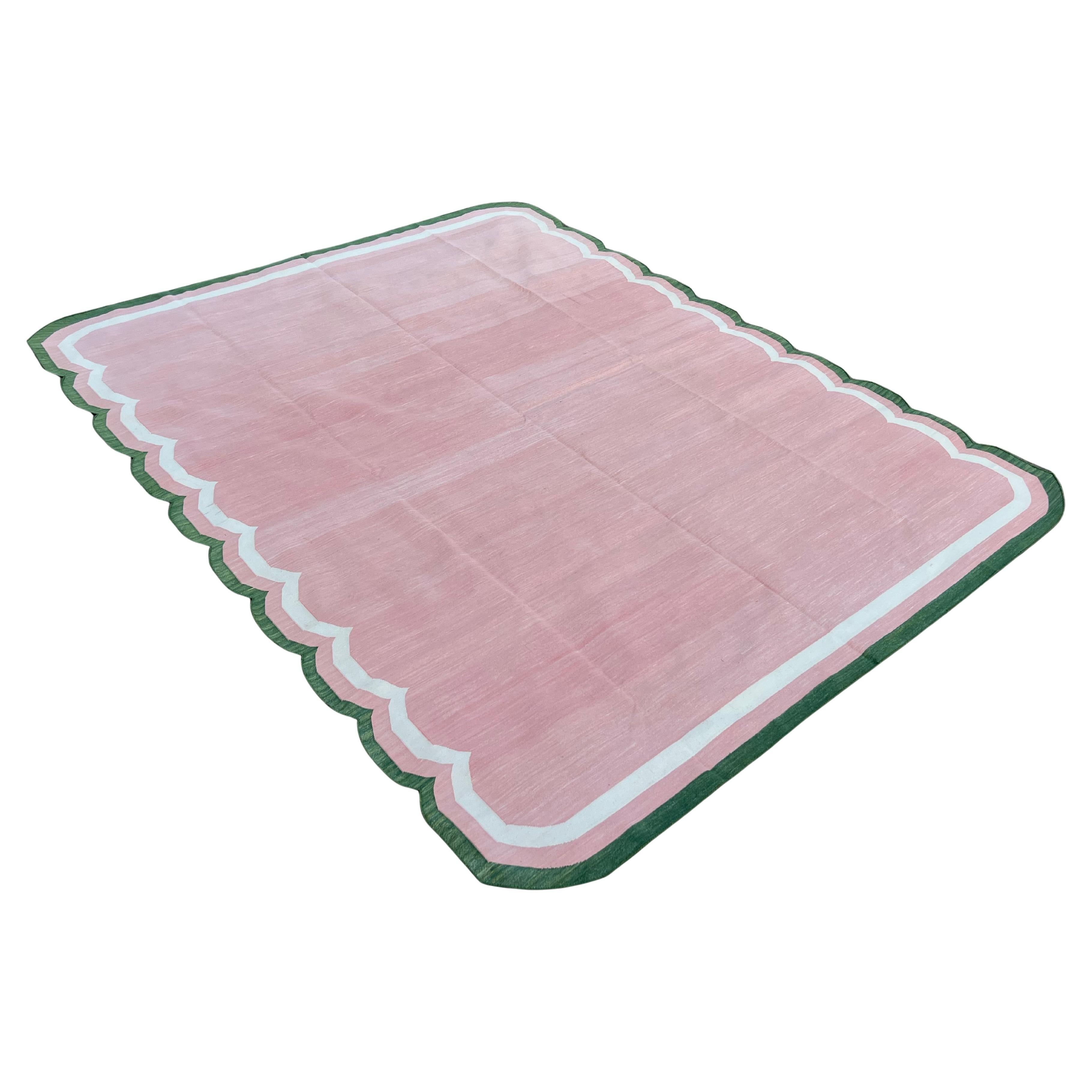 Handmade Cotton Area Flat Weave Rug, 9x12 Pink, Green Scalloped Indian Dhurrie