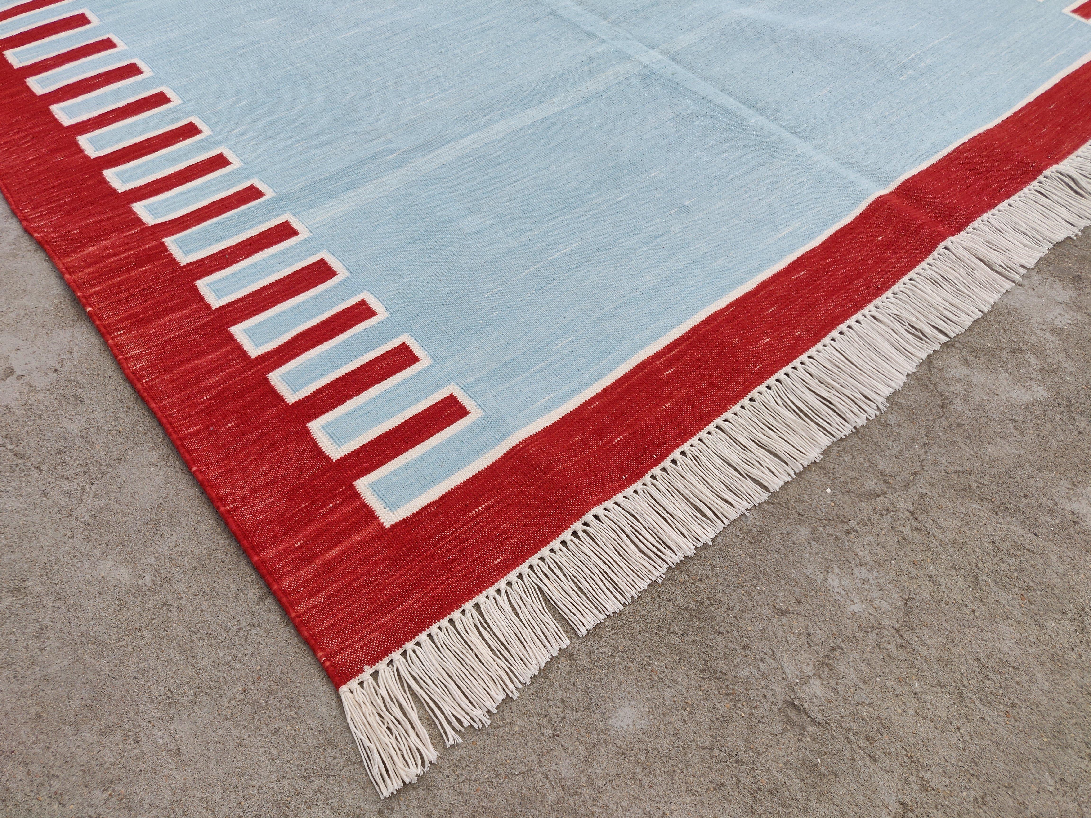 Mid-Century Modern Handmade Cotton Area Flat Weave Rug, 9x12 Sky Blue And Red Stripe Indian Dhurrie For Sale