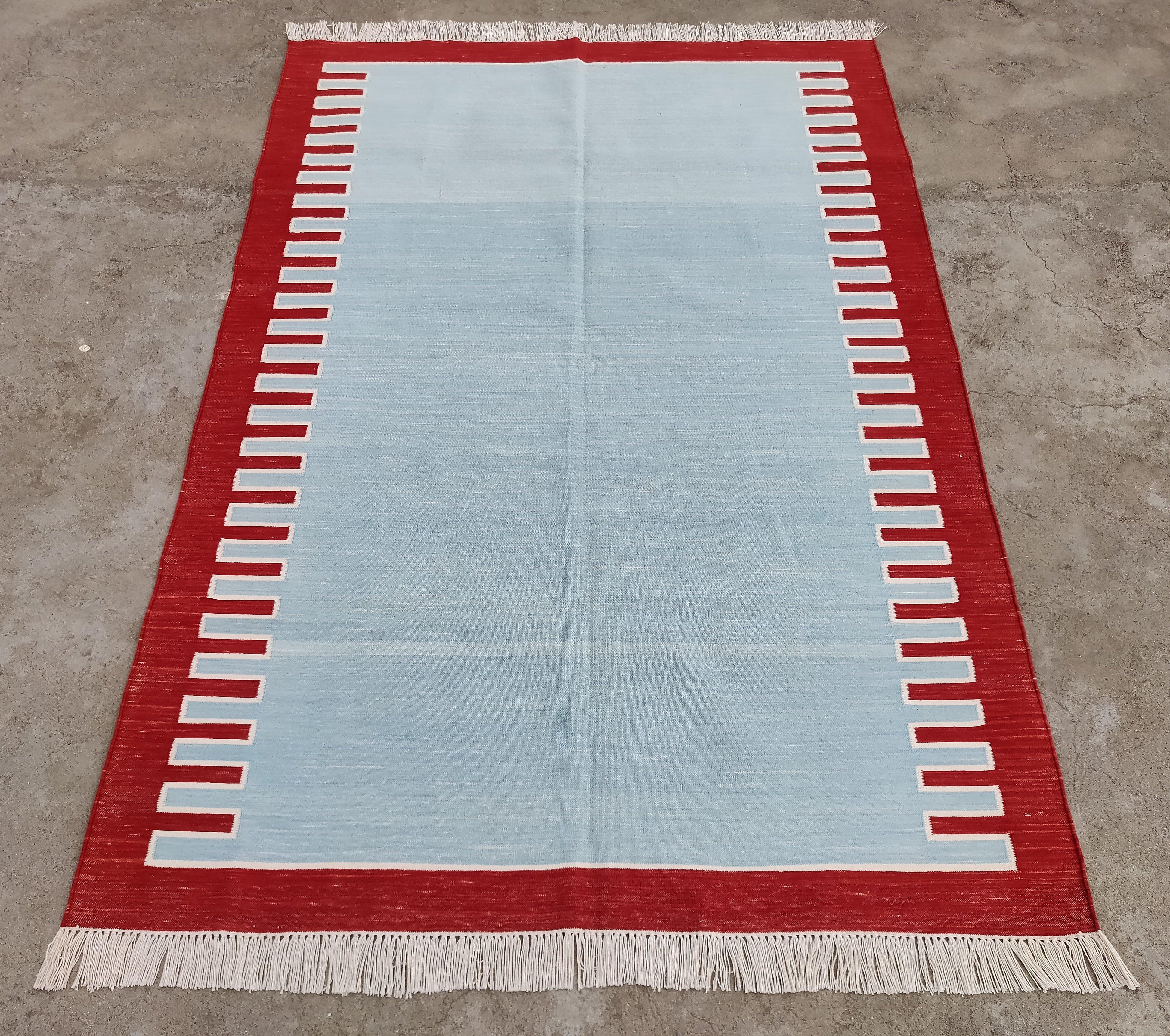 Handmade Cotton Area Flat Weave Rug, 9x12 Sky Blue And Red Stripe Indian Dhurrie In New Condition For Sale In Jaipur, IN
