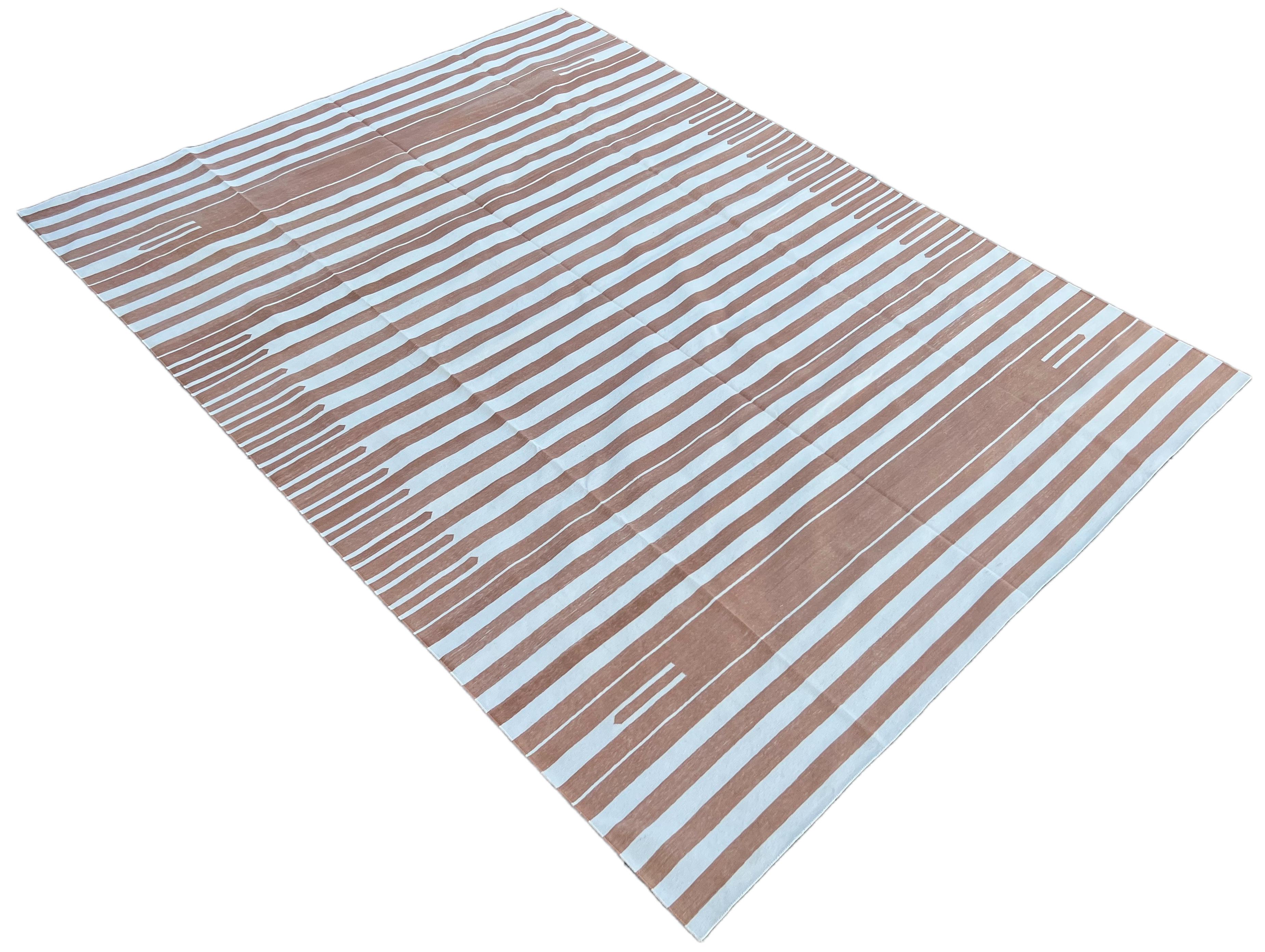 Handmade Cotton Area Flat Weave Rug, 9x12 Tan And White Striped Indian Dhurrie For Sale 4