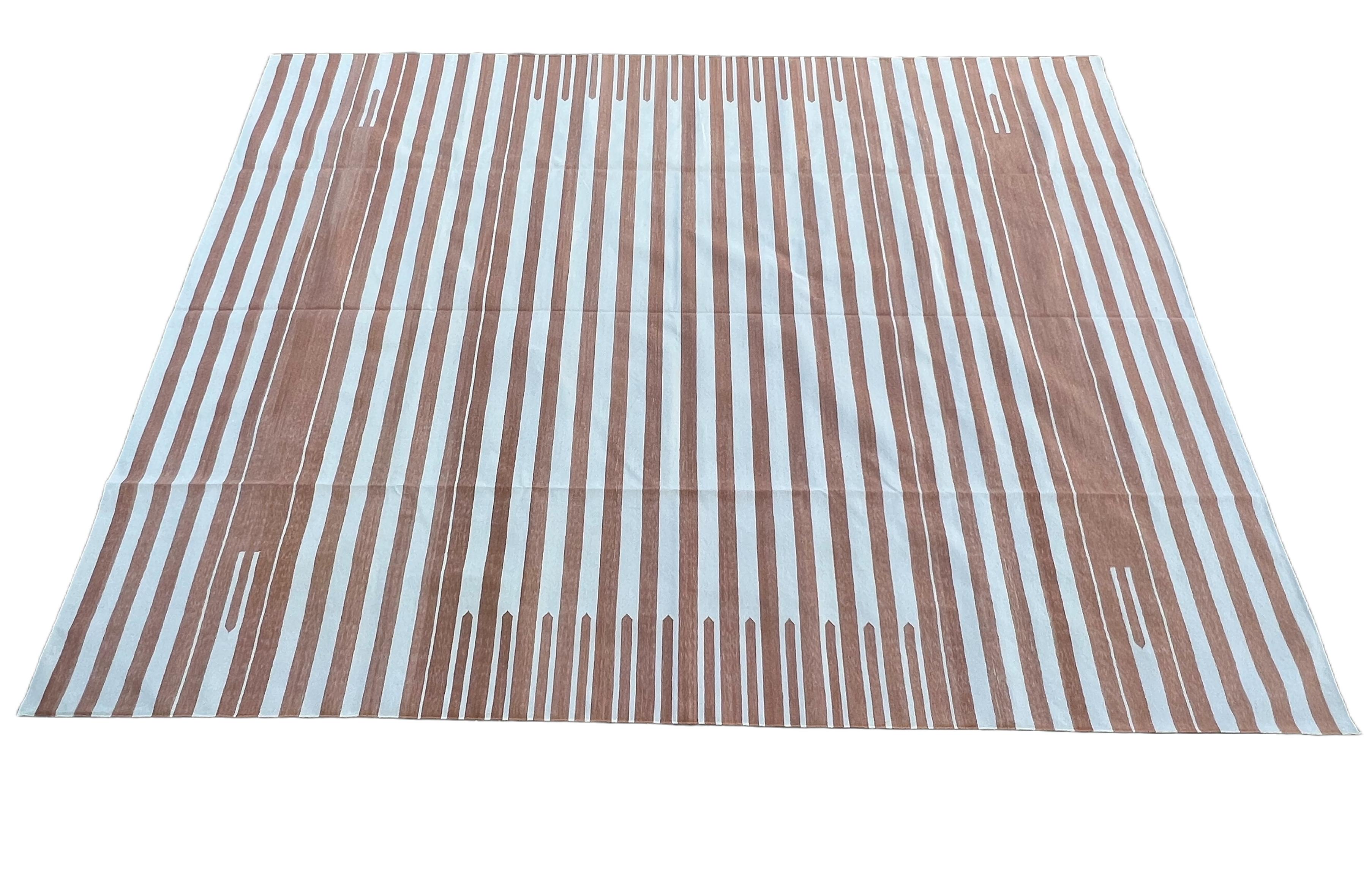 Handmade Cotton Area Flat Weave Rug, 9x12 Tan And White Striped Indian Dhurrie For Sale 5