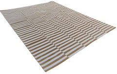 Handmade Cotton Area Flat Weave Rug, 9x12 Tan And White Striped Indian Dhurrie