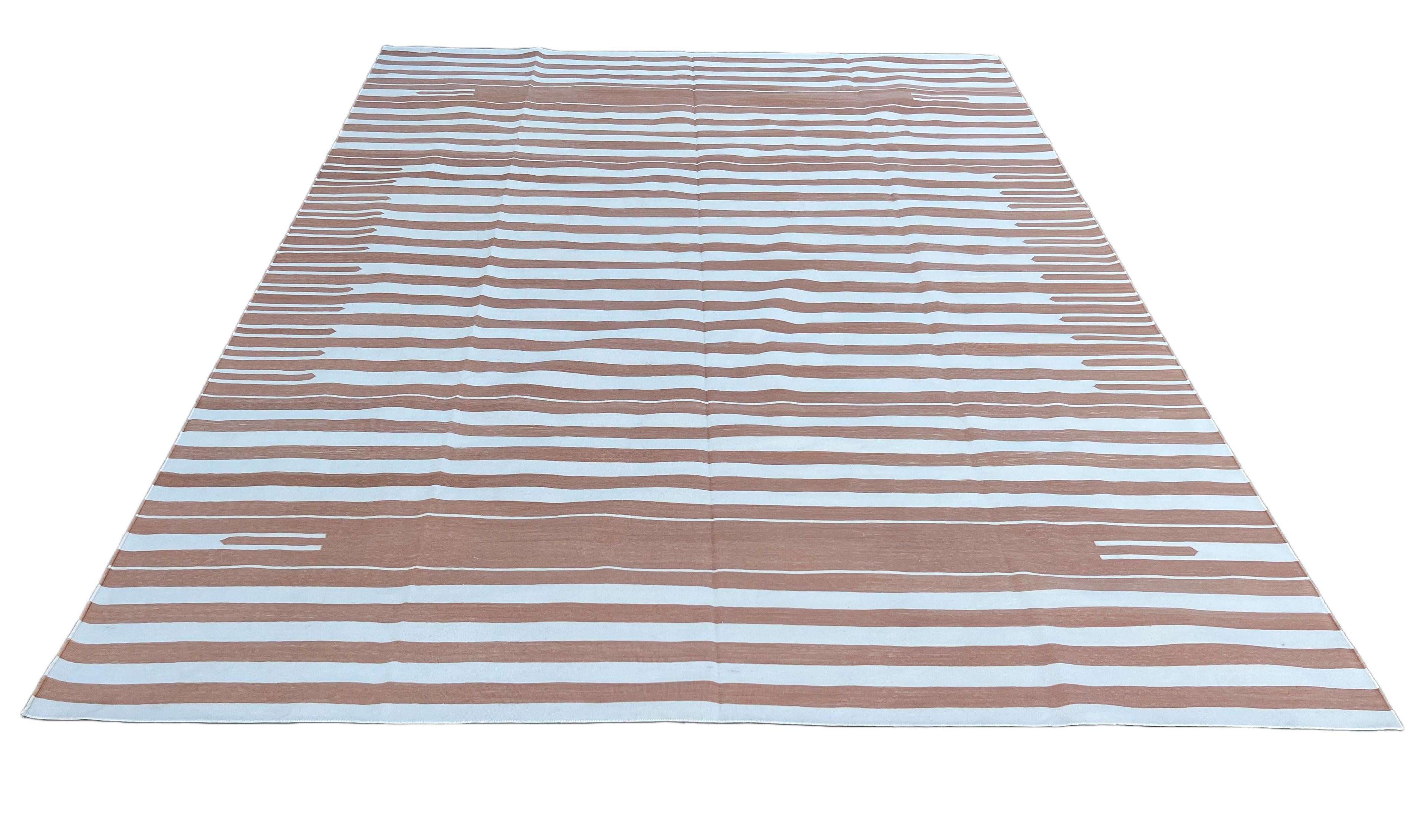 Contemporary Handmade Cotton Area Flat Weave Rug, 9x12 Tan And White Striped Indian Dhurrie For Sale