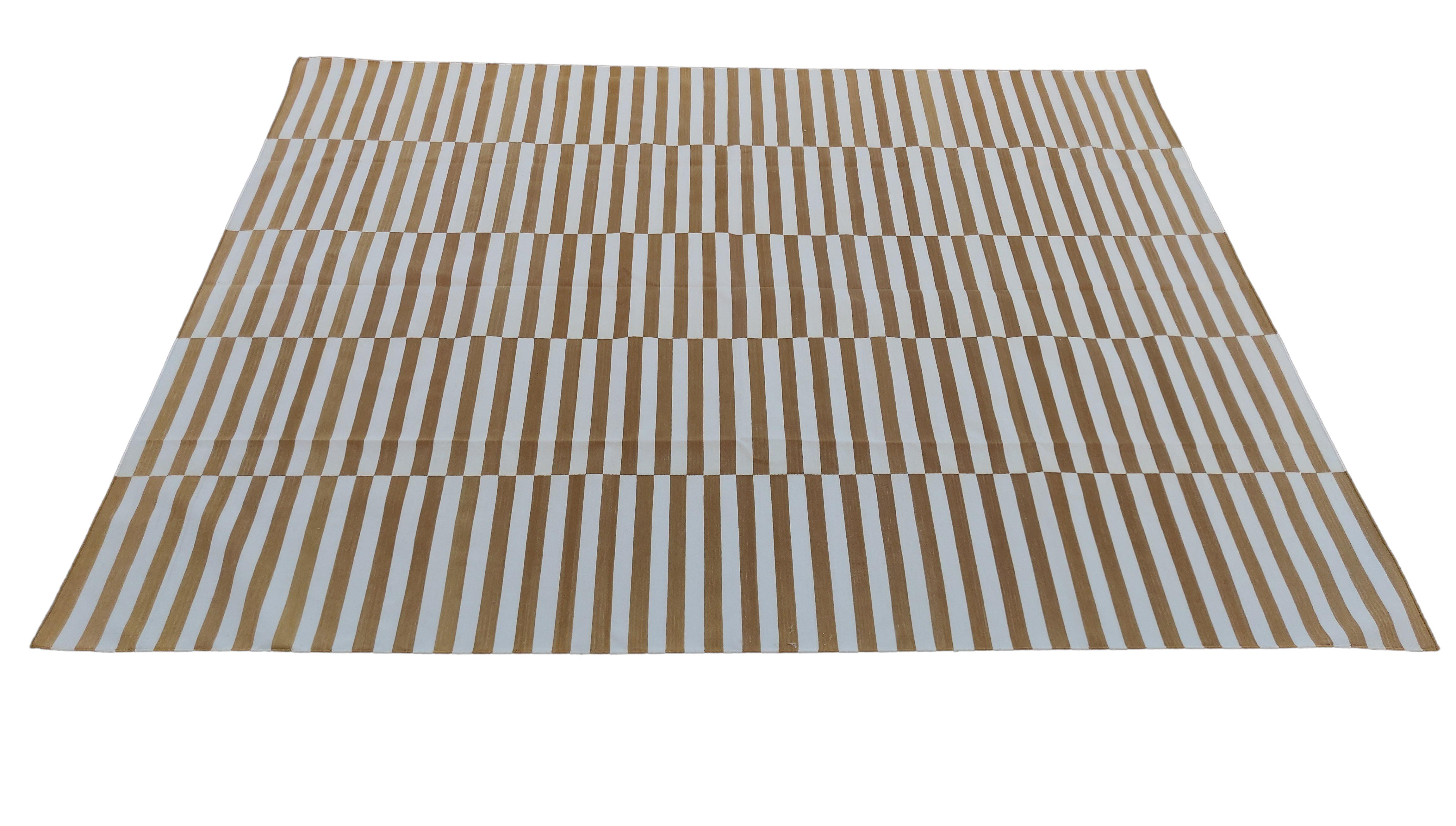 Handmade Cotton Area Flat Weave Rug, 9x12 Tan And White Striped Indian Dhurrie For Sale 3