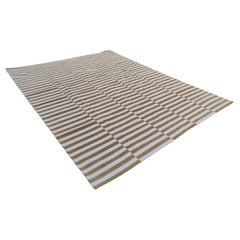 Handmade Cotton Area Flat Weave Rug, 9x12 Tan And White Striped Indian Dhurrie