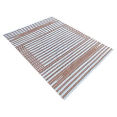 Handmade Cotton Area Flat Weave Rug, 9x12 Tan And White Striped Indian Dhurrie