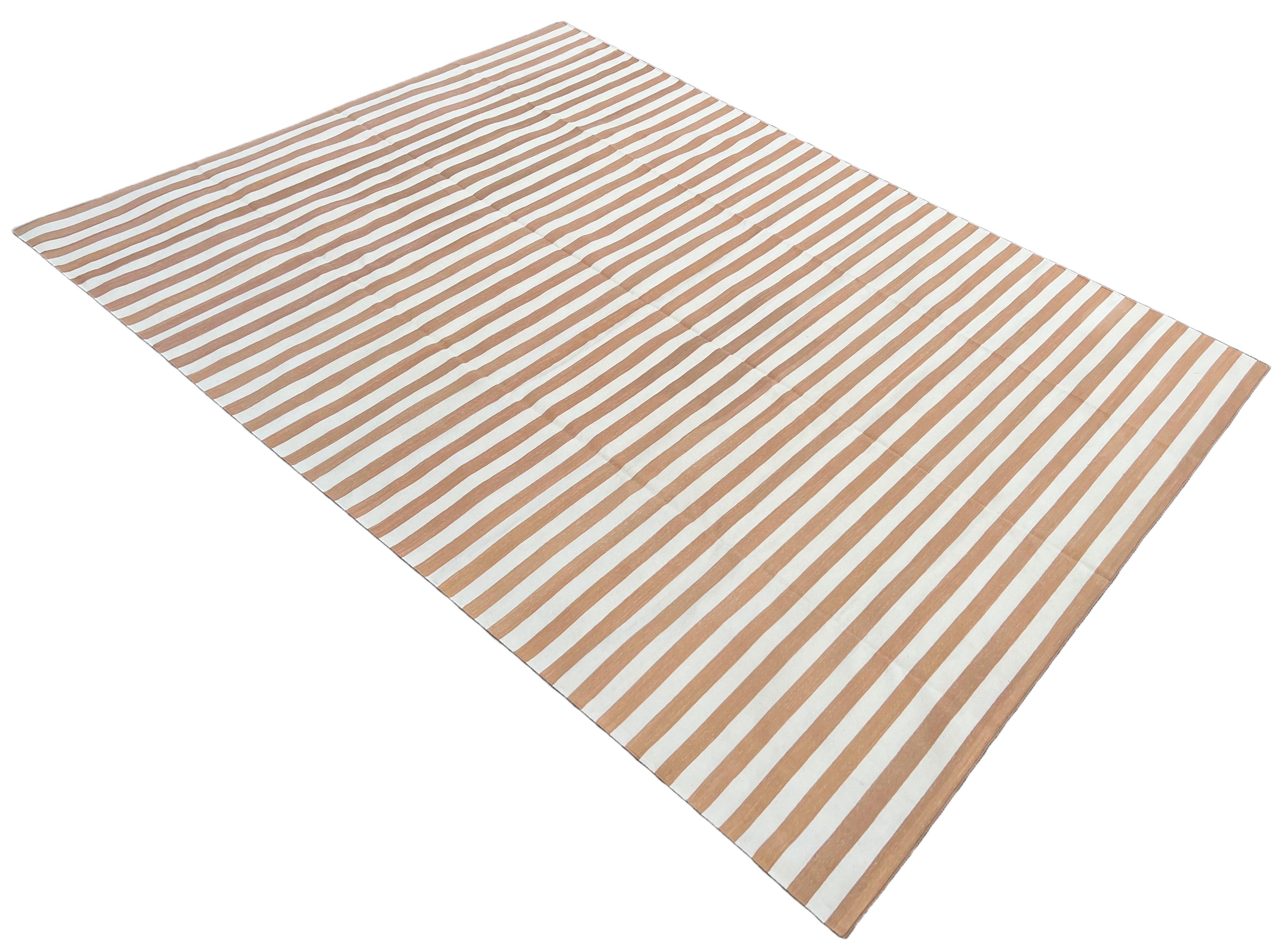 Handmade Cotton Area Flat Weave Rug, 9x12 Tan And White Striped Indian Dhurrie For Sale 3