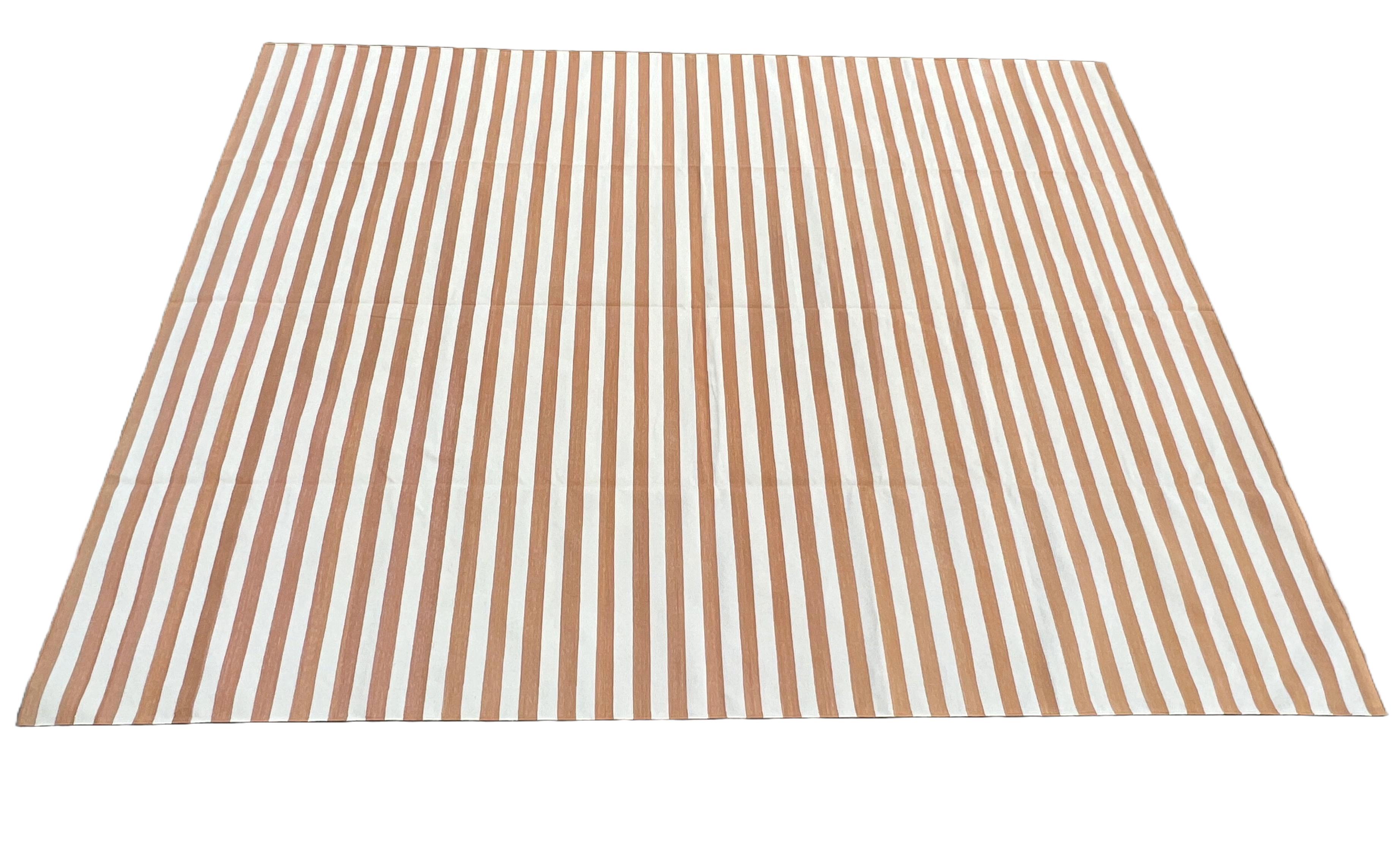 Handmade Cotton Area Flat Weave Rug, 9x12 Tan And White Striped Indian Dhurrie For Sale 4