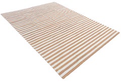 Handmade Cotton Area Flat Weave Rug, 9x12 Tan And White Striped Indian Dhurrie
