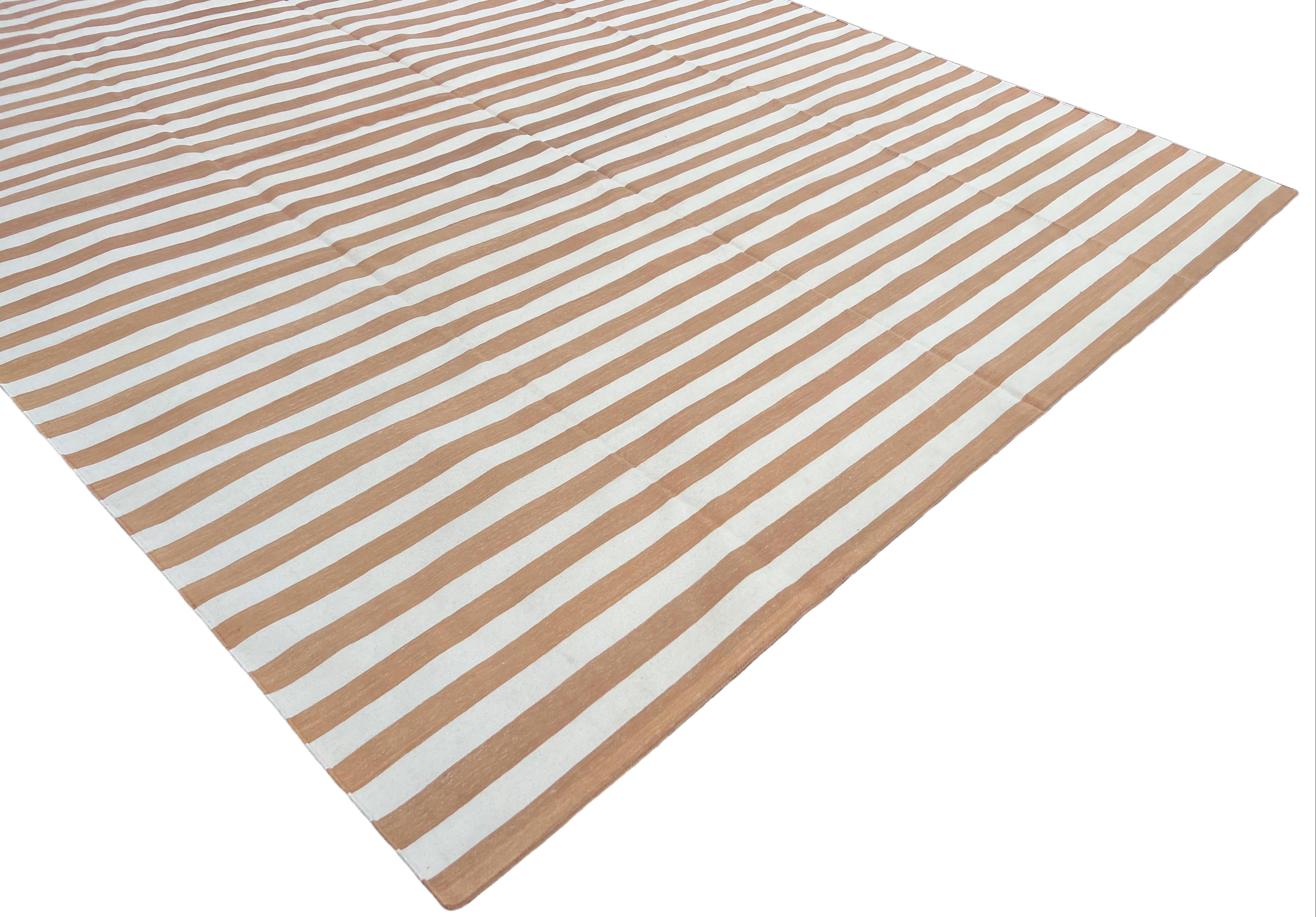 Mid-Century Modern Handmade Cotton Area Flat Weave Rug, 9x12 Tan And White Striped Indian Dhurrie For Sale