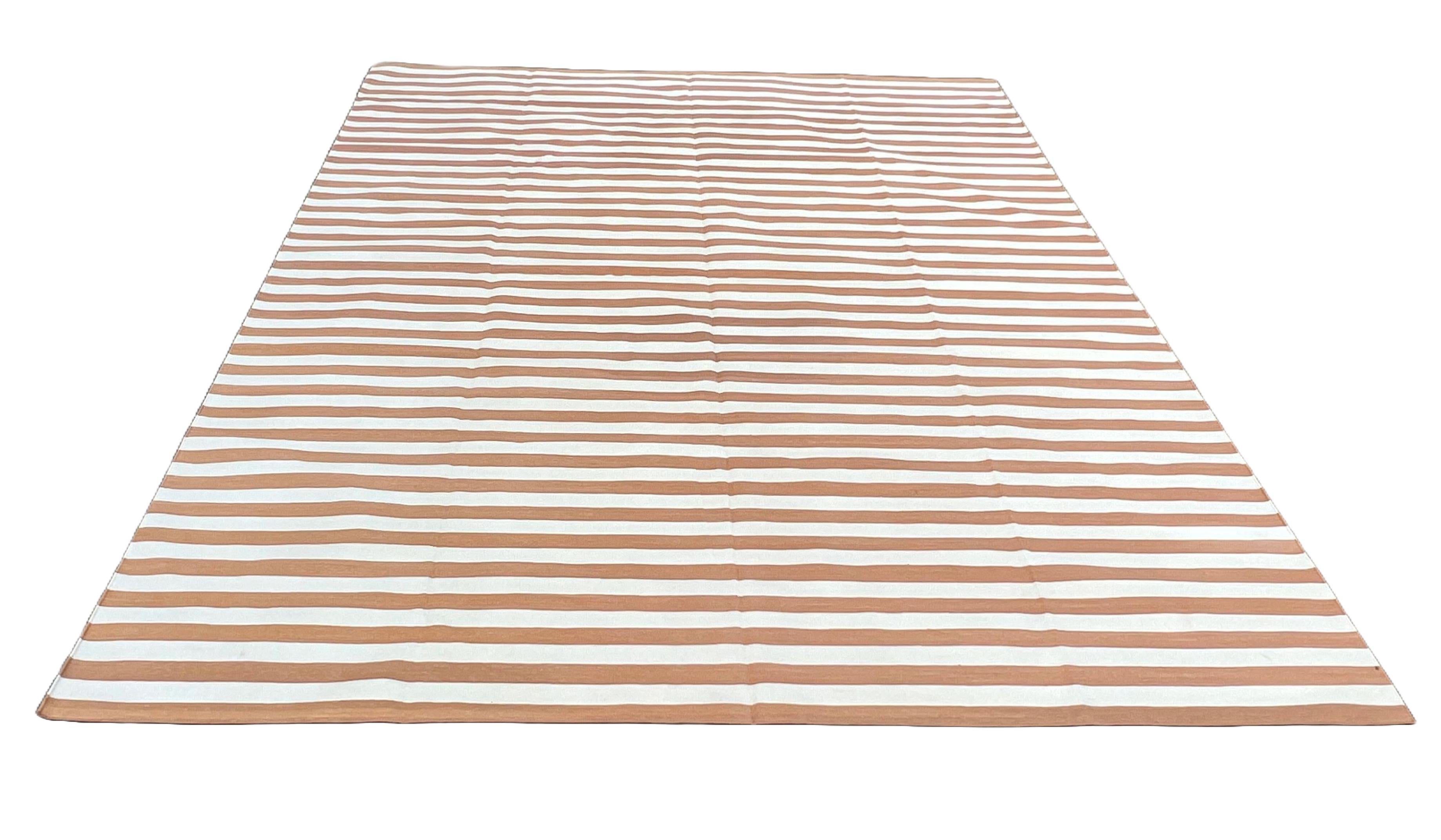 Handmade Cotton Area Flat Weave Rug, 9x12 Tan And White Striped Indian Dhurrie In New Condition For Sale In Jaipur, IN