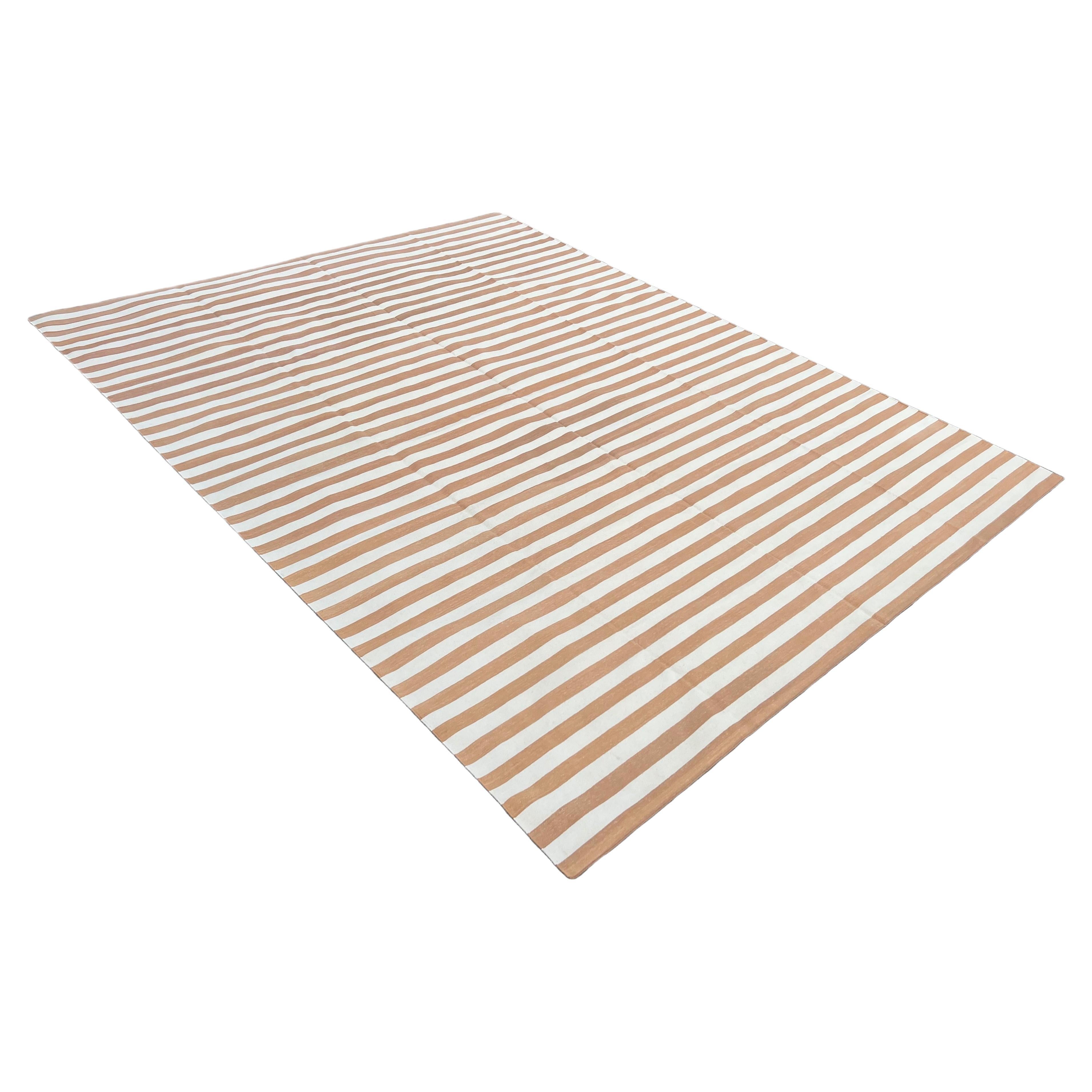 Handmade Cotton Area Flat Weave Rug, 9x12 Tan And White Striped Indian Dhurrie For Sale