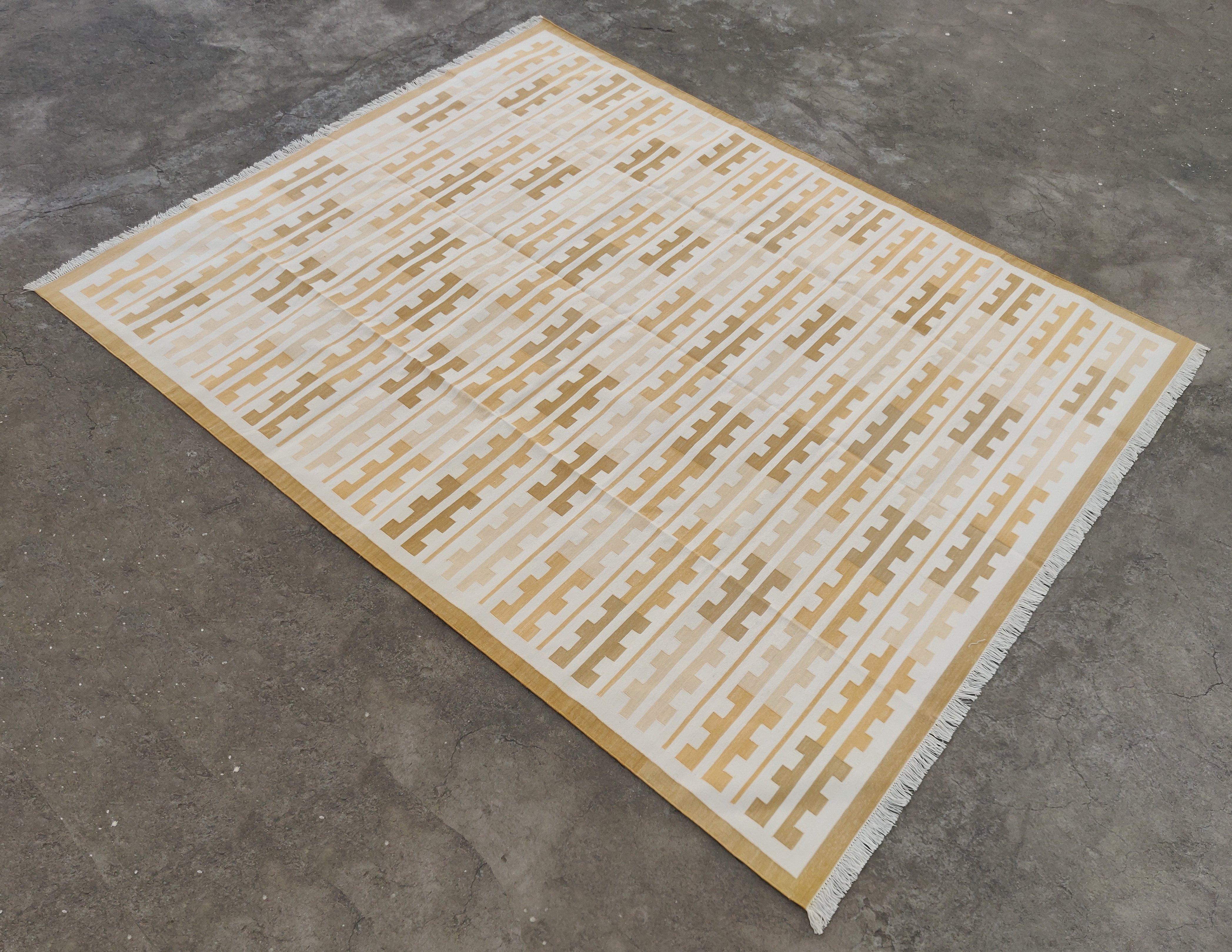 Handmade Cotton Area Flat Weave Rug, 9x12 Yellow, White Marianne Striped Dhurrie For Sale 3