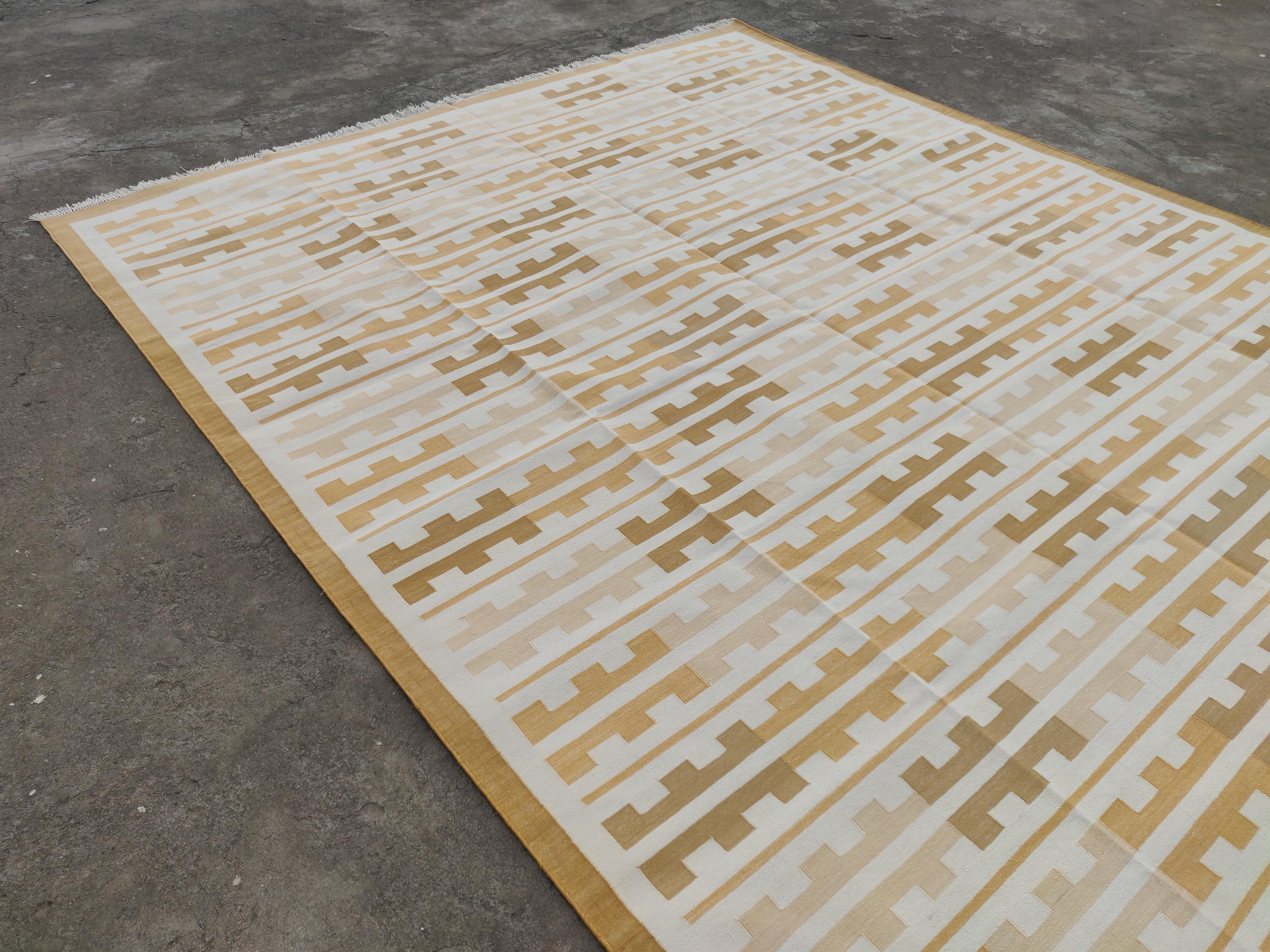 Hand-Woven Handmade Cotton Area Flat Weave Rug, 9x12 Yellow, White Marianne Striped Dhurrie For Sale