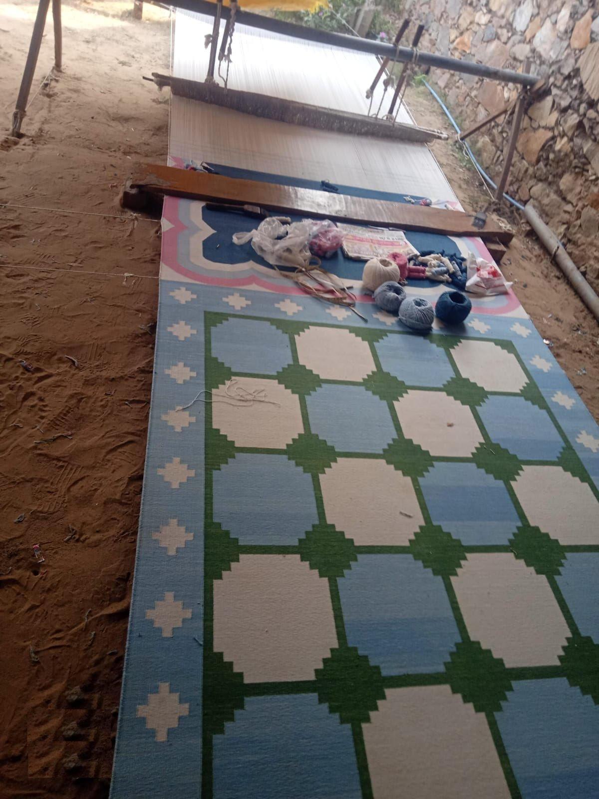 Handmade Cotton Area Flat Weave Rug, 9x9 Sky Blue And Green Tile Indian Dhurrie 6