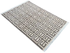 Handmade Cotton Area Flat Weave Rug, 6x9 Beige, Brown Geometric Indian Dhurrie