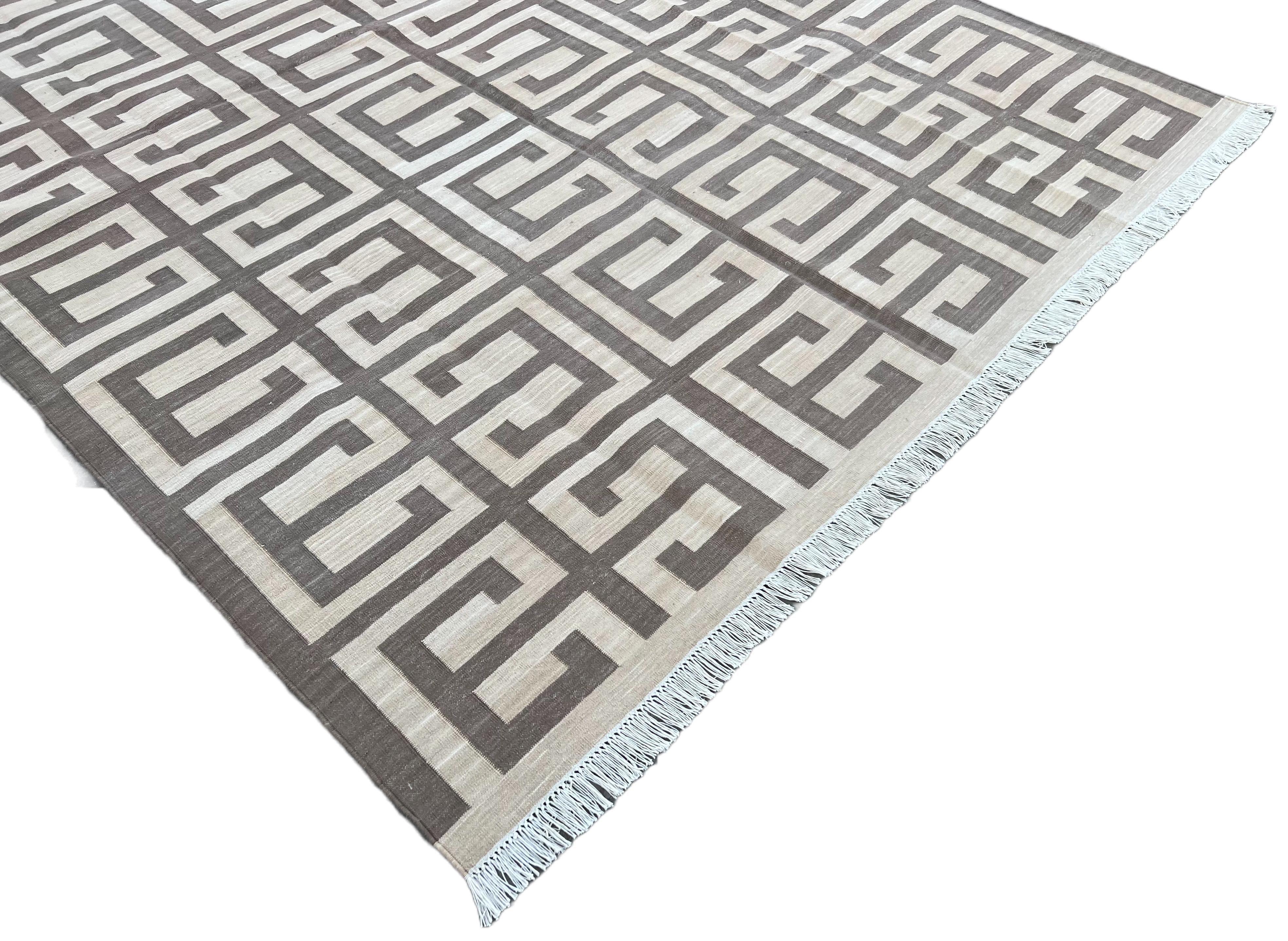 Contemporary Handmade Cotton Area Flat Weave Rug, Beige & Brown Geometric Indian Dhurrie Rug For Sale