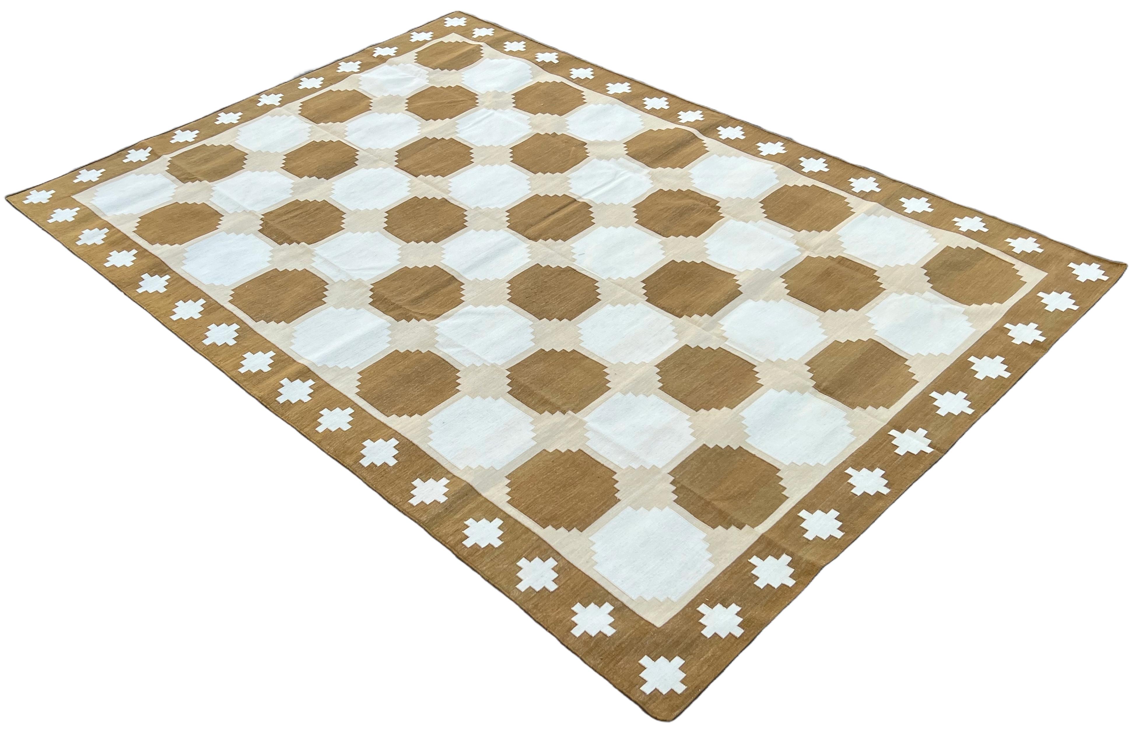 Cotton Vegetable Dyed Reversible Beige And Brown Indian Star Geometric Rug - 8'x10'
These special flat-weave dhurries are hand-woven with 15 ply 100% cotton yarn. Due to the special manufacturing techniques used to create our rugs, the size and