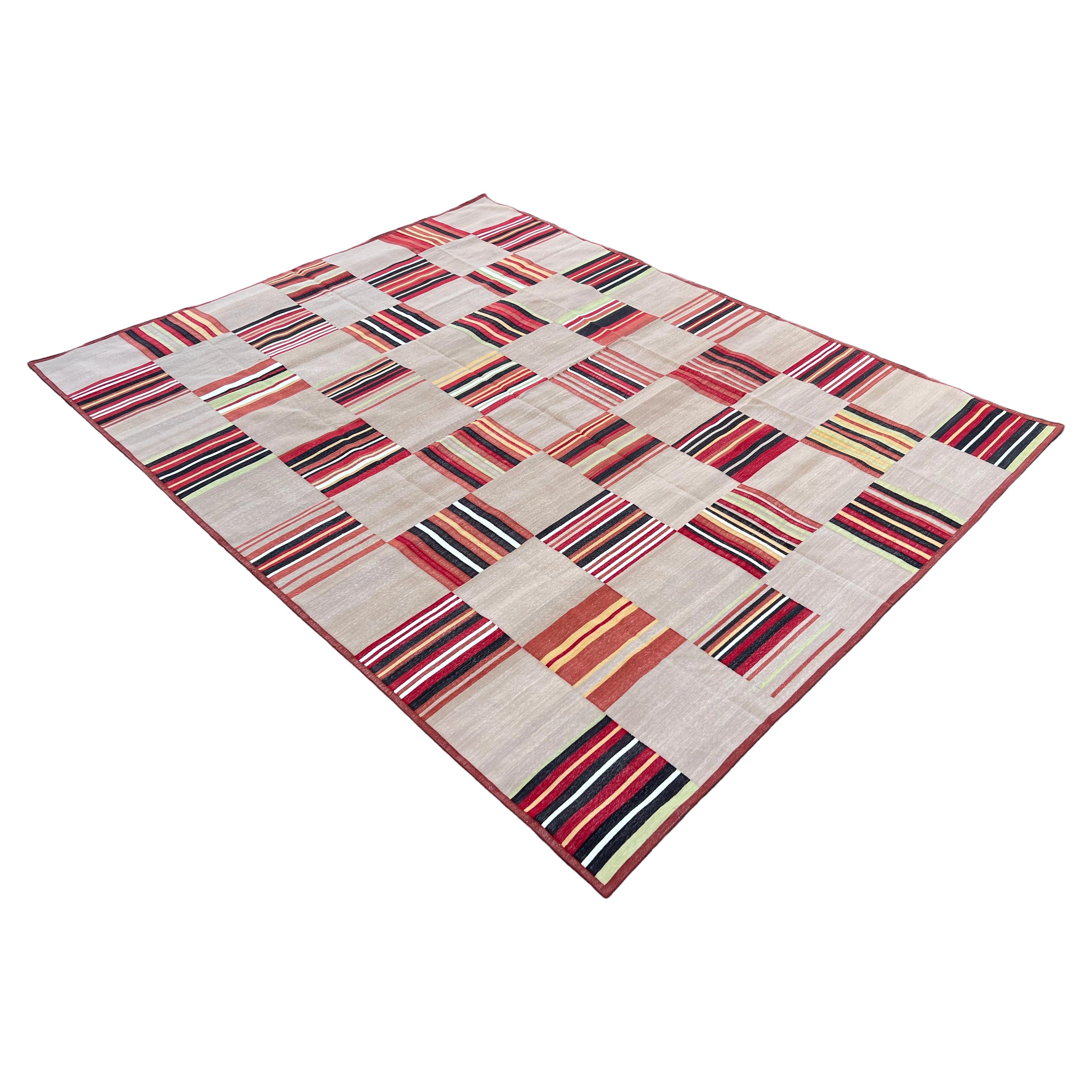 Cotton Vegetable Dyed Area Rug, Beige & Terracotta Red Tile Patterned Indian Dhurrie-9'x12'
These special flat-weave dhurries are hand-woven with 15 ply 100% cotton yarn. Due to the special manufacturing techniques used to create our rugs, the size