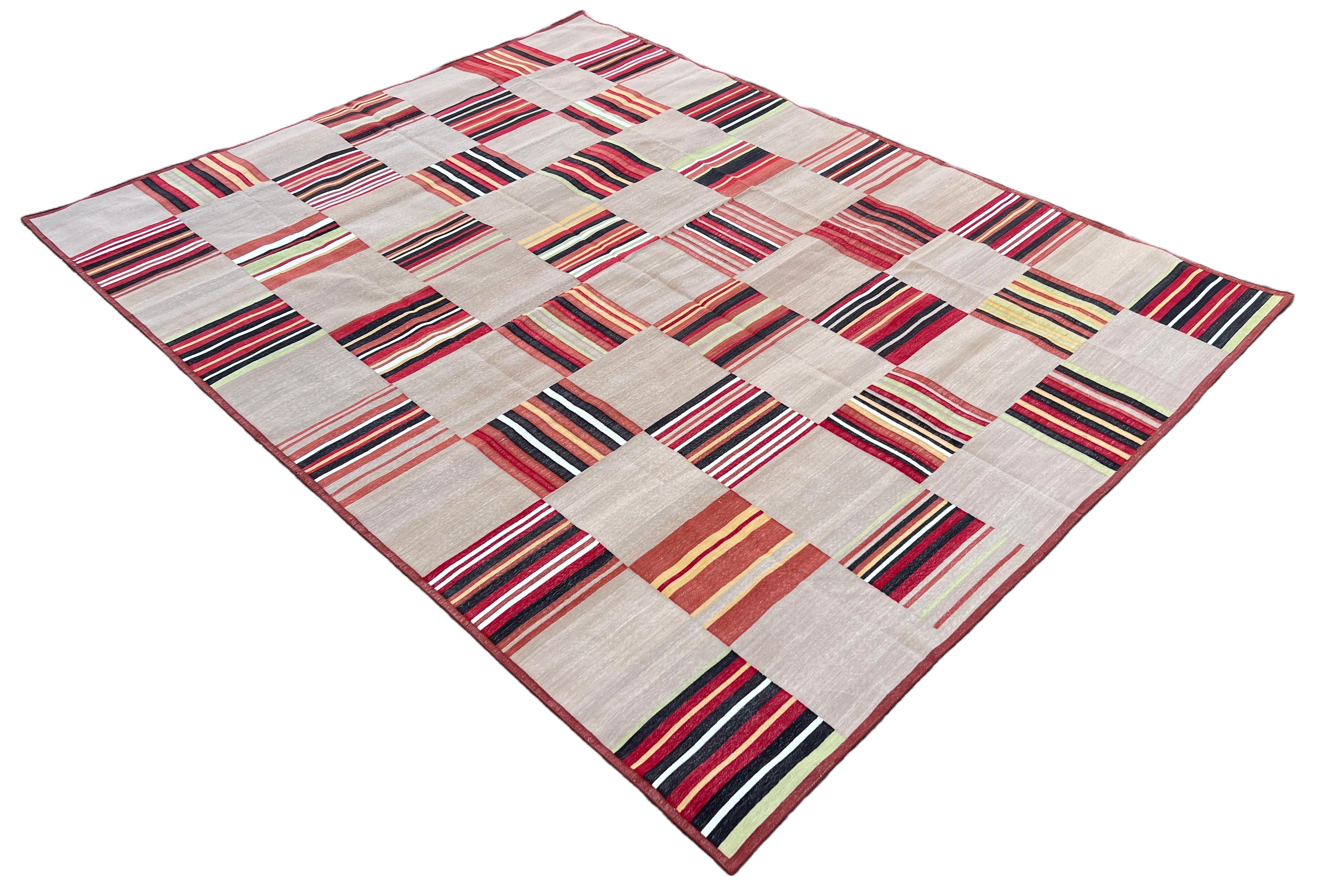 Mid-Century Modern Handmade Cotton Area Flat Weave Rug, Beige & Terracotta Red Tile Pattern Dhurrie For Sale