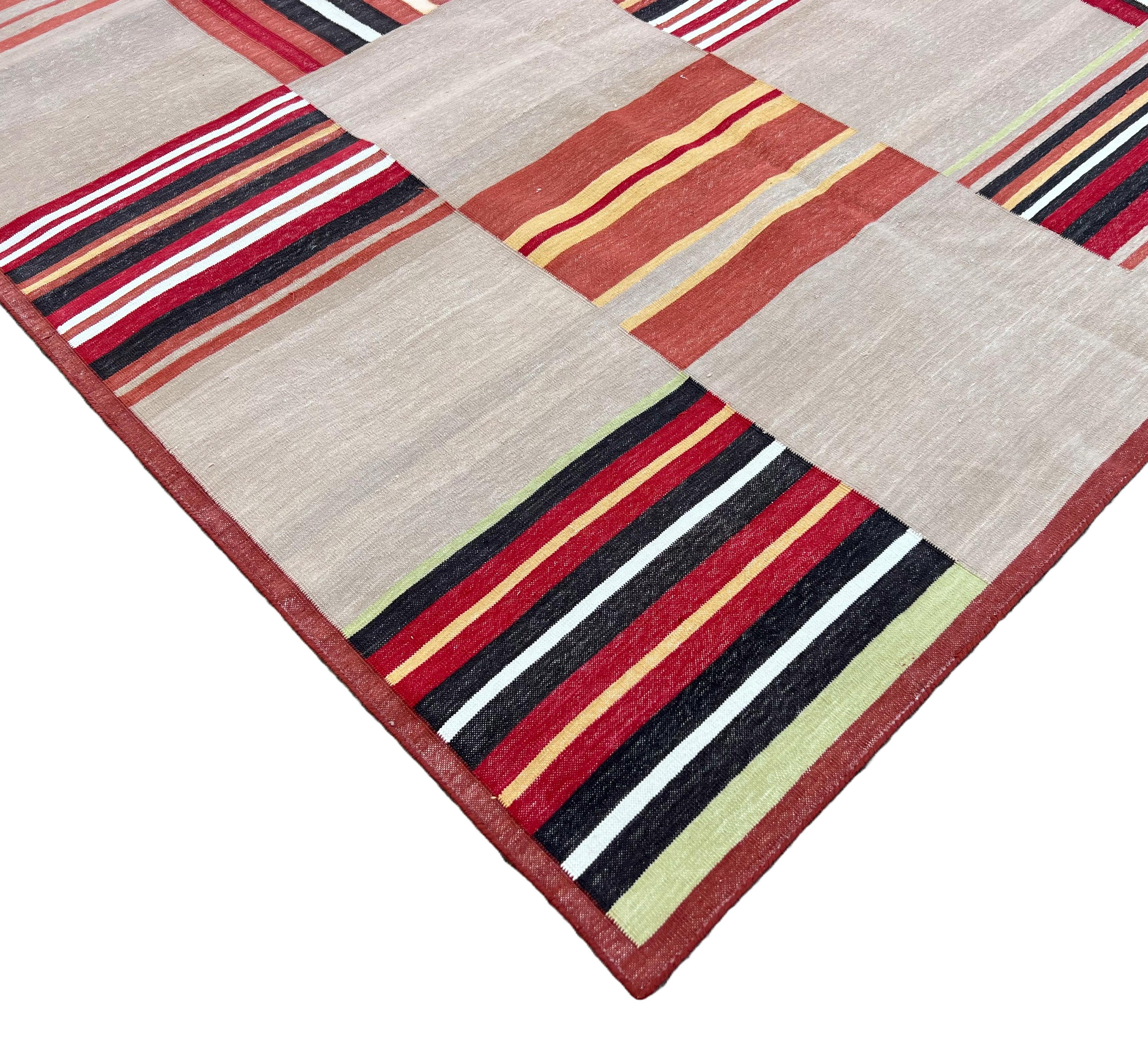 Indian Handmade Cotton Area Flat Weave Rug, Beige & Terracotta Red Tile Pattern Dhurrie For Sale