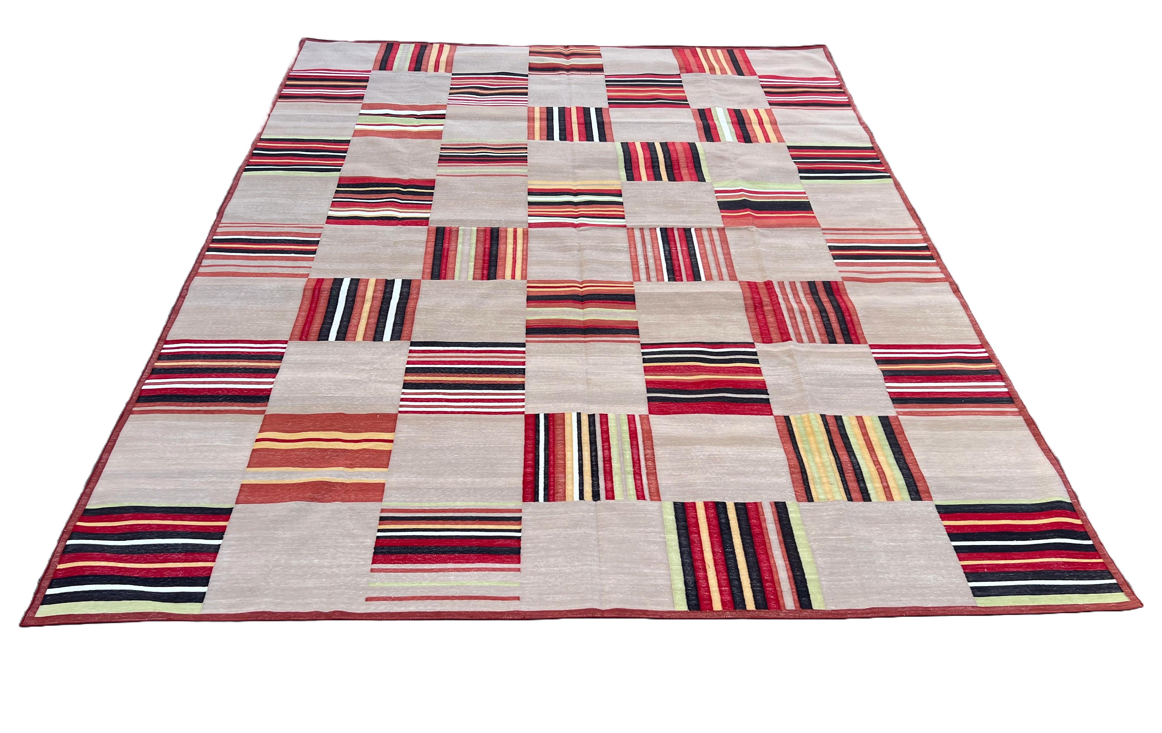 Contemporary Handmade Cotton Area Flat Weave Rug, Beige & Terracotta Red Tile Pattern Dhurrie For Sale