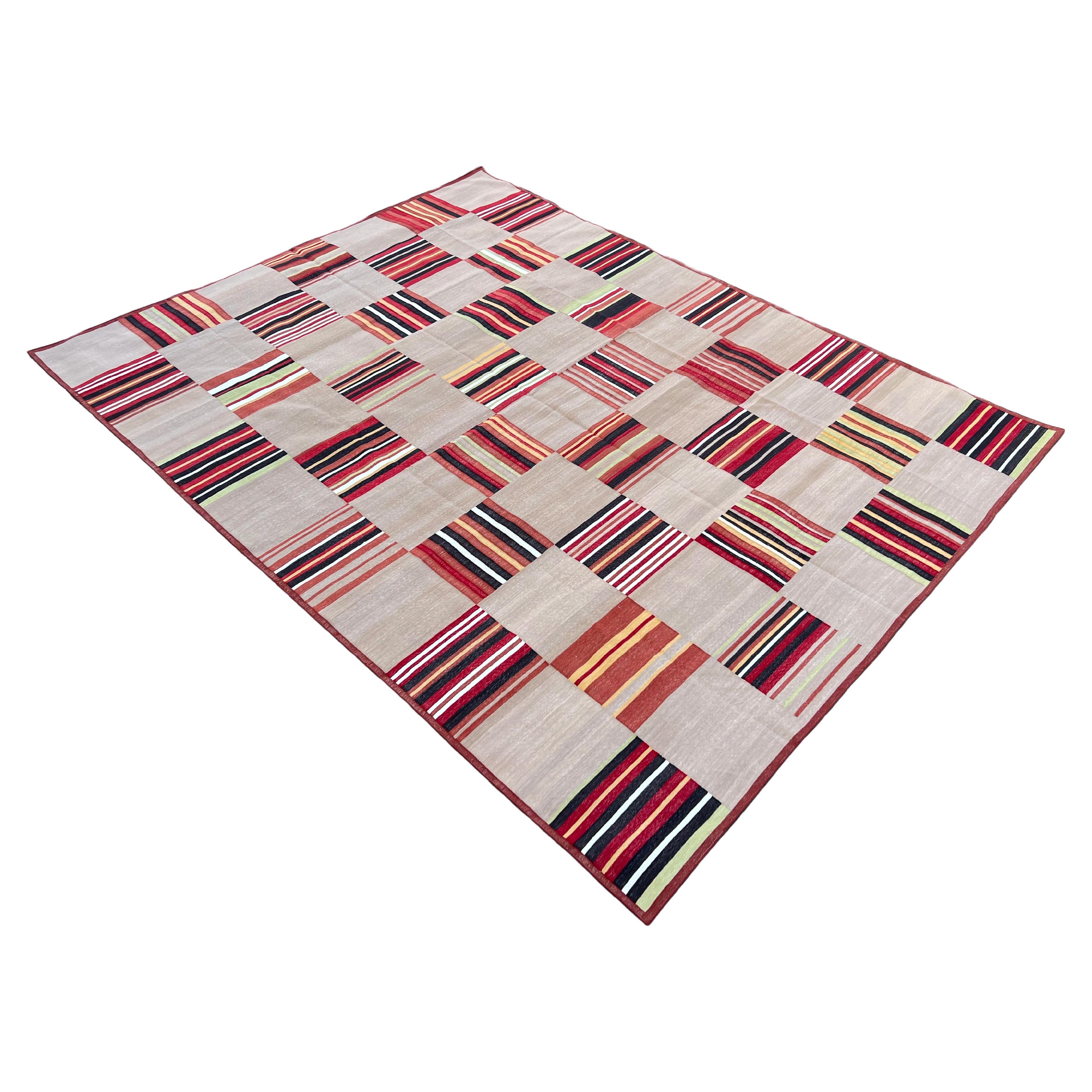 Handmade Cotton Area Flat Weave Rug, Beige & Terracotta Red Tile Pattern Dhurrie For Sale