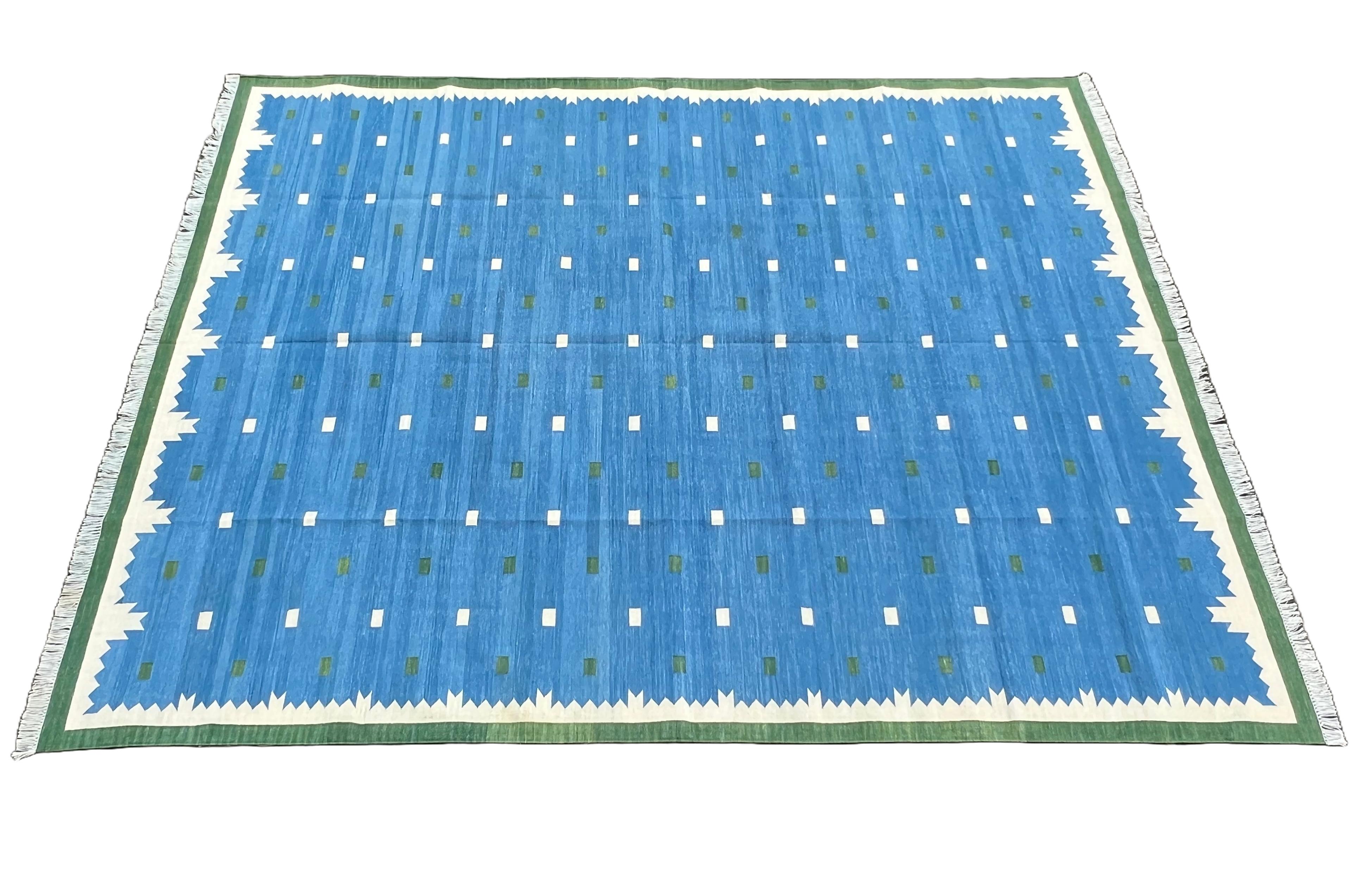 Handmade Cotton Area Flat Weave Rug, Blue And Green Geometric Indian Dhurrie Rug For Sale 4