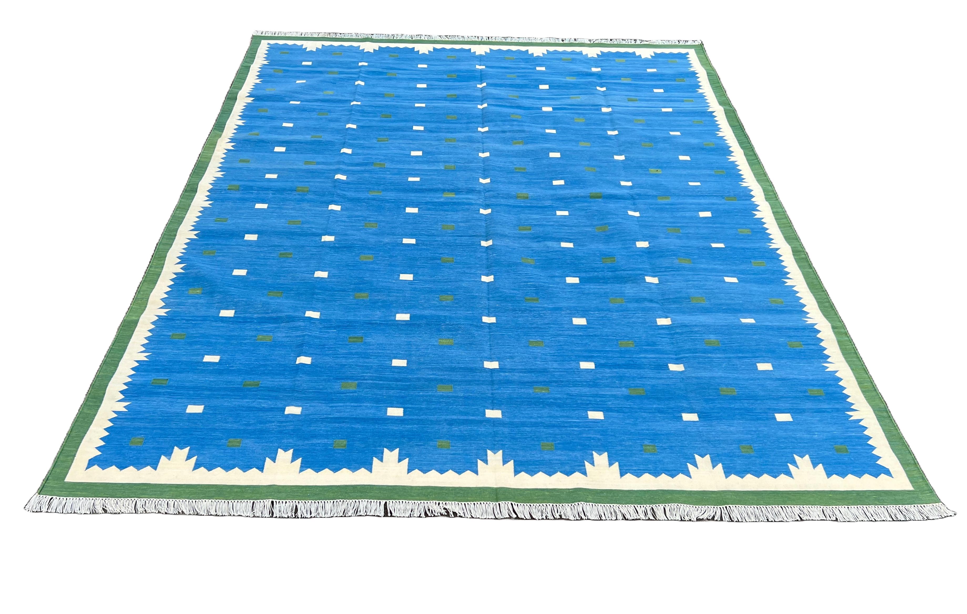 Handmade Cotton Area Flat Weave Rug, Blue And Green Geometric Indian Dhurrie Rug For Sale 5