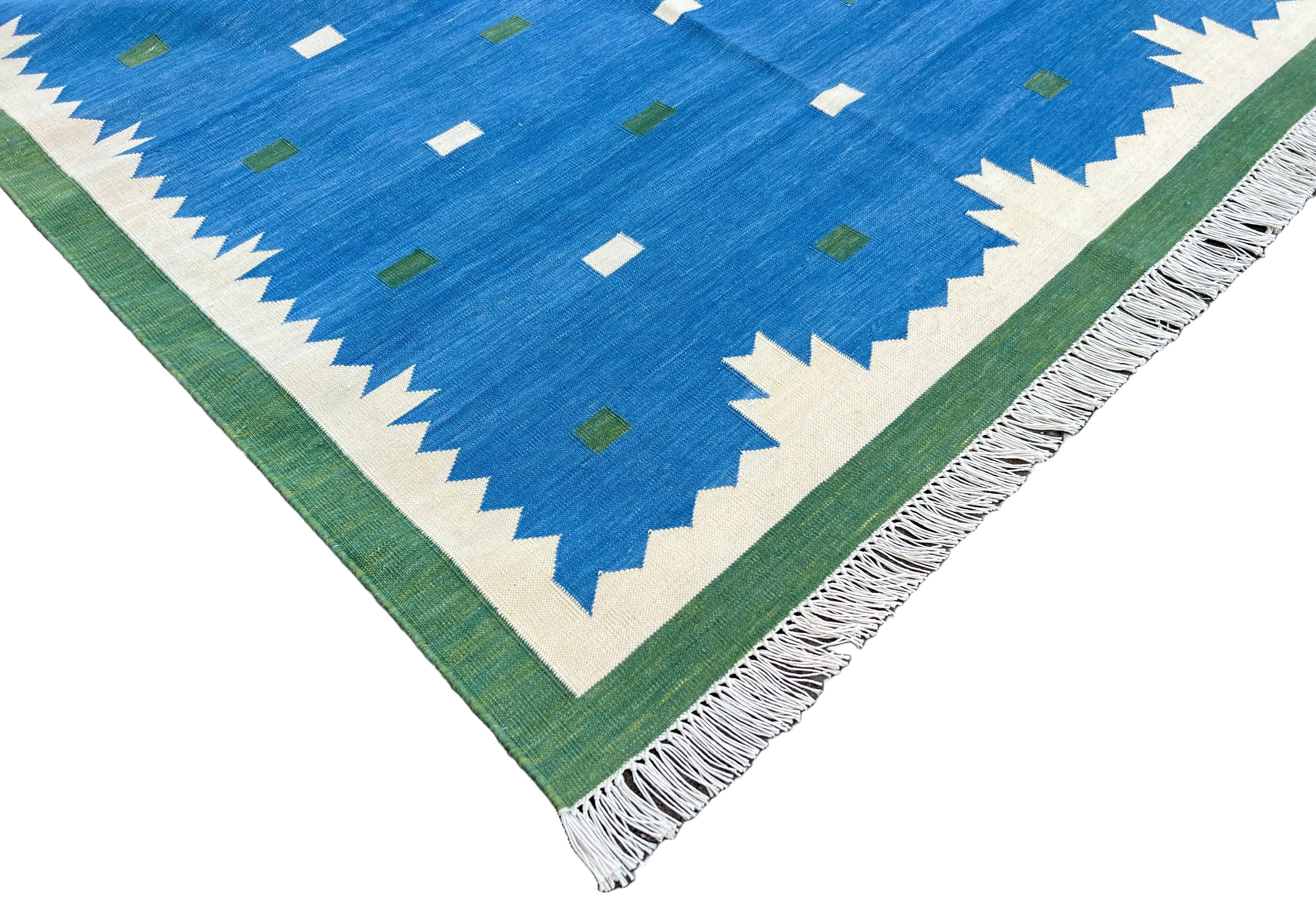 Mid-Century Modern Handmade Cotton Area Flat Weave Rug, Blue And Green Geometric Indian Dhurrie Rug For Sale