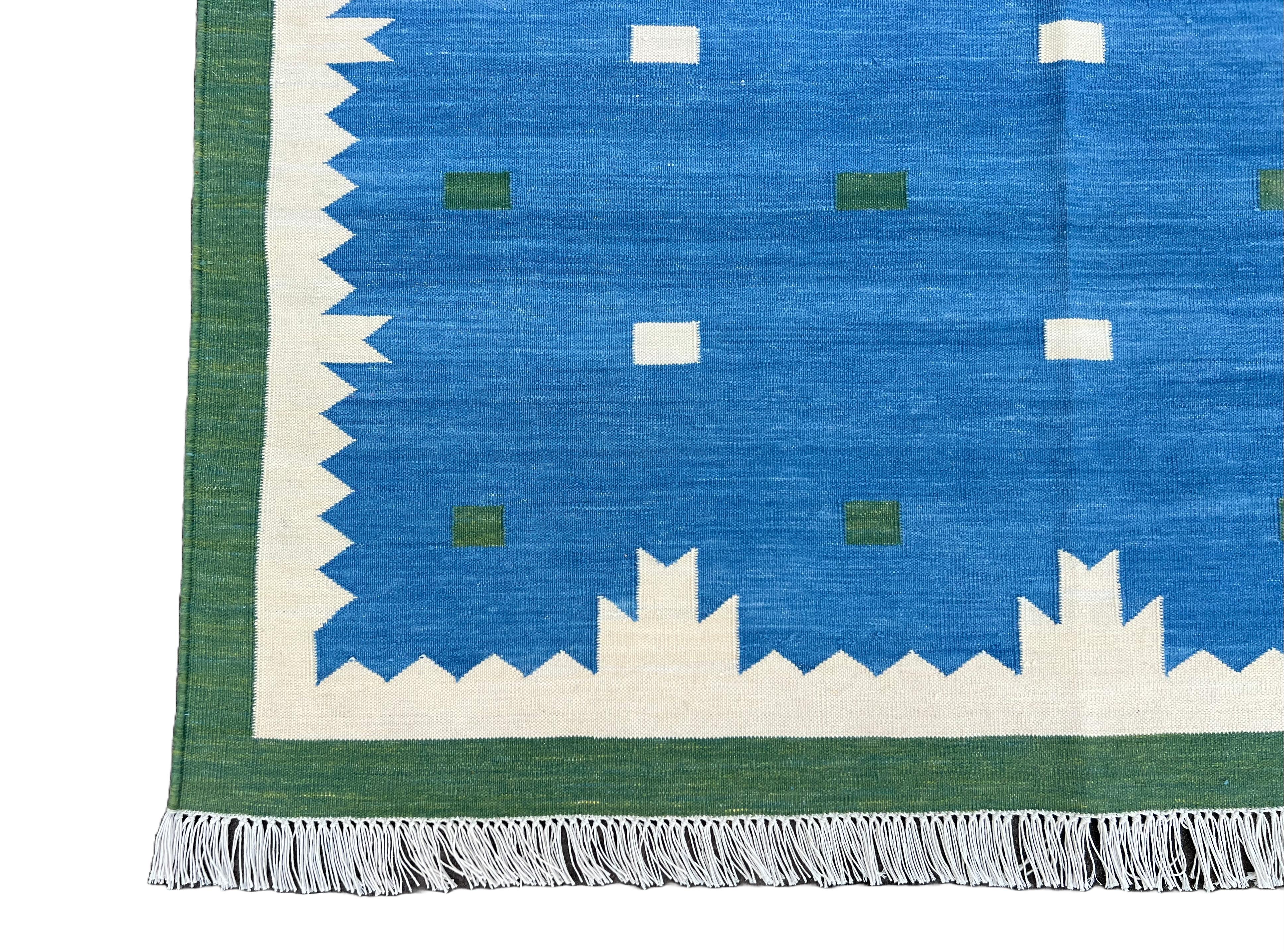 Contemporary Handmade Cotton Area Flat Weave Rug, Blue And Green Geometric Indian Dhurrie Rug For Sale