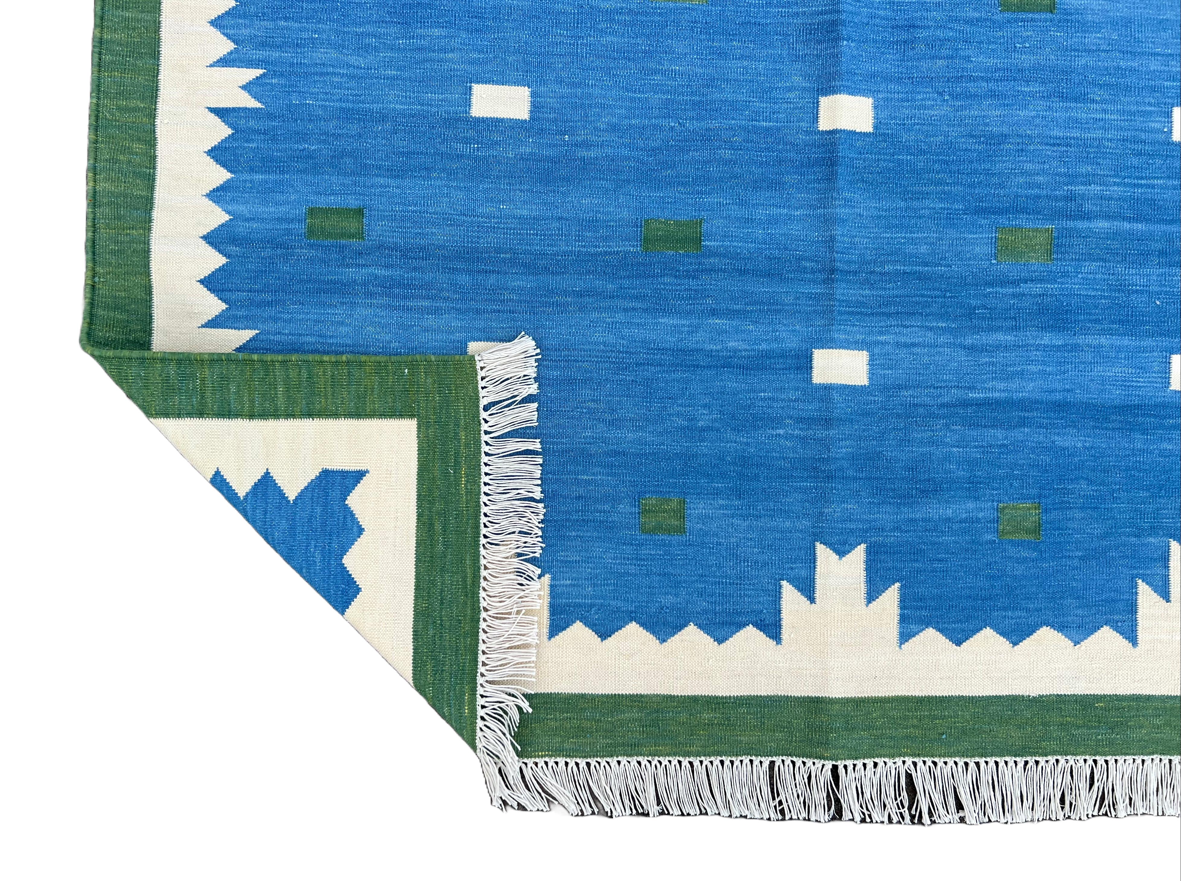 Handmade Cotton Area Flat Weave Rug, Blue And Green Geometric Indian Dhurrie Rug For Sale 1