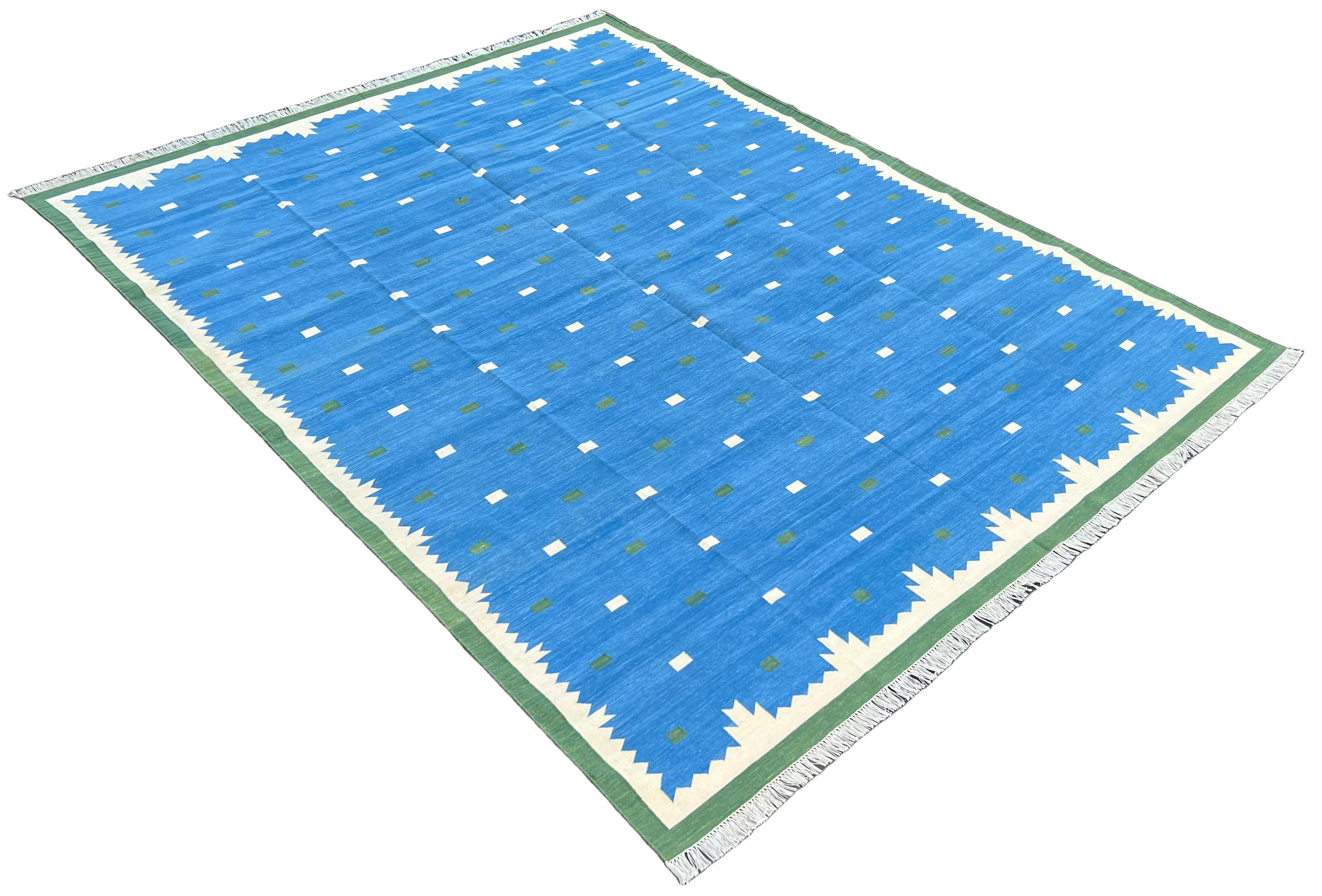 Handmade Cotton Area Flat Weave Rug, Blue And Green Geometric Indian Dhurrie Rug For Sale 2