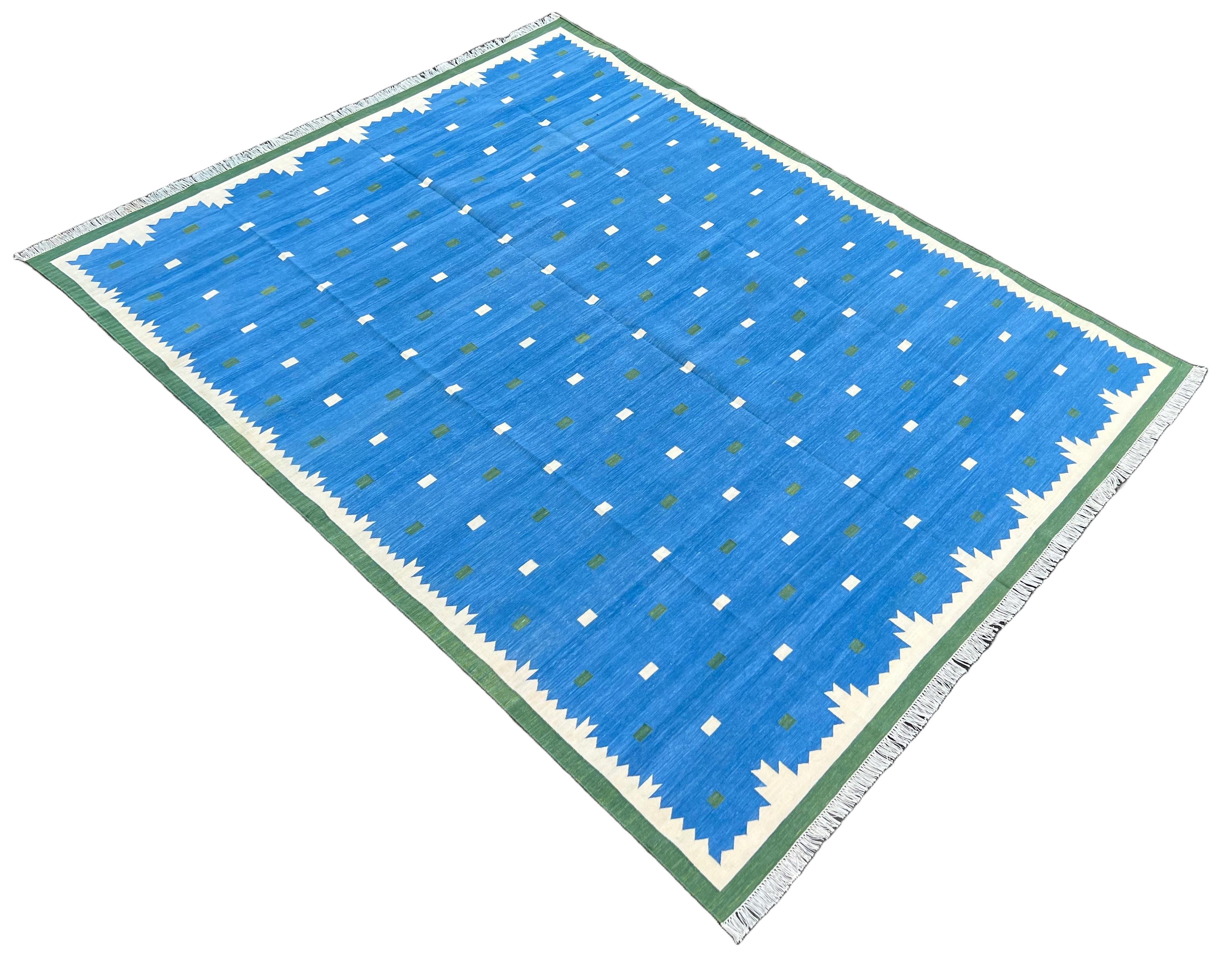 Handmade Cotton Area Flat Weave Rug, Blue And Green Geometric Indian Dhurrie Rug For Sale 3