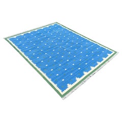 Handgefertigter Flachgewebe-Teppich aus Baumwolle, blauer und grüner geometrischer indischer Dhurrie-Teppich