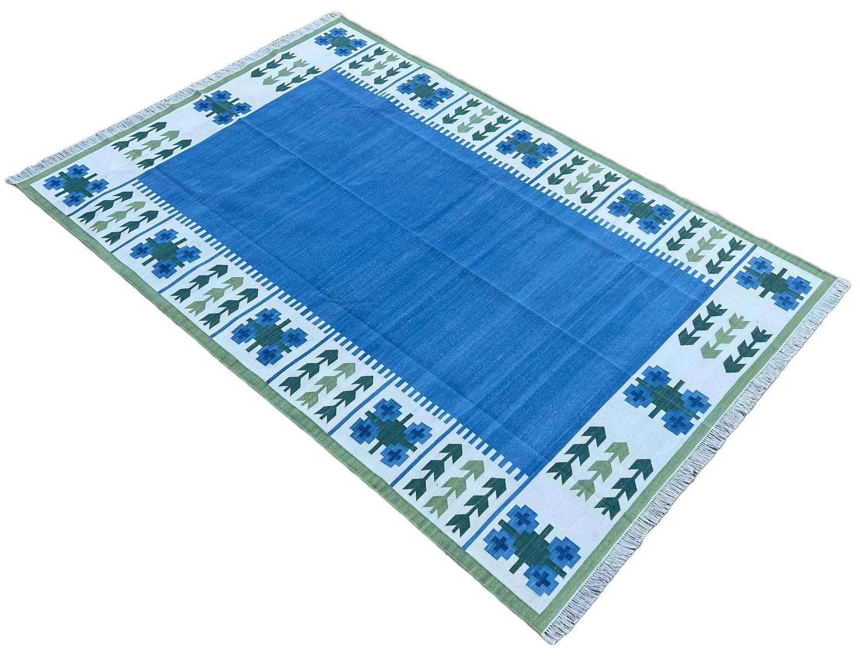 Handmade Cotton Area Flat Weave Rug, Blue And Green Leaf Pattern Indian Dhurrie For Sale 6