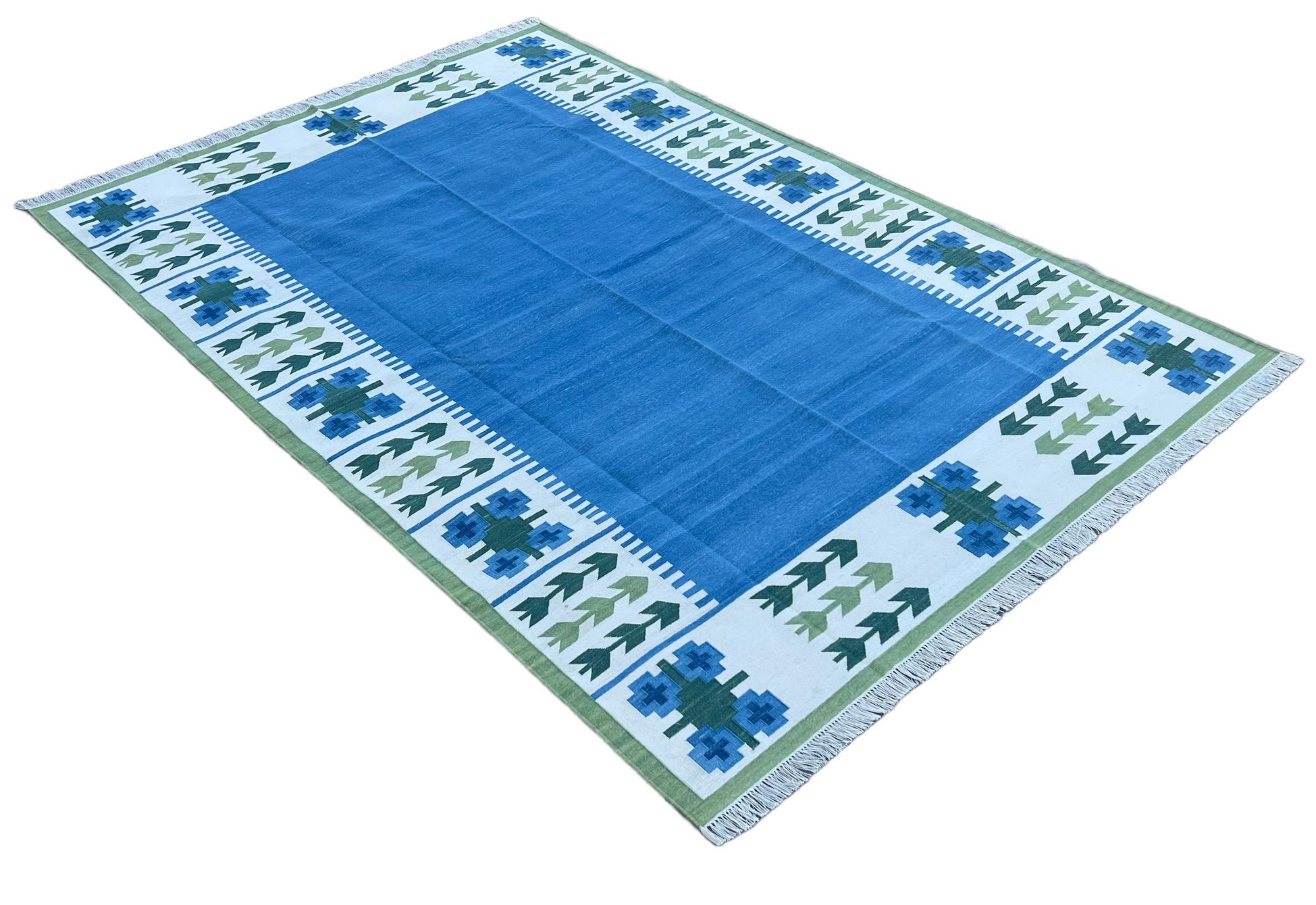 Handmade Cotton Area Flat Weave Rug, Blue And Green Leaf Pattern Indian Dhurrie For Sale 8