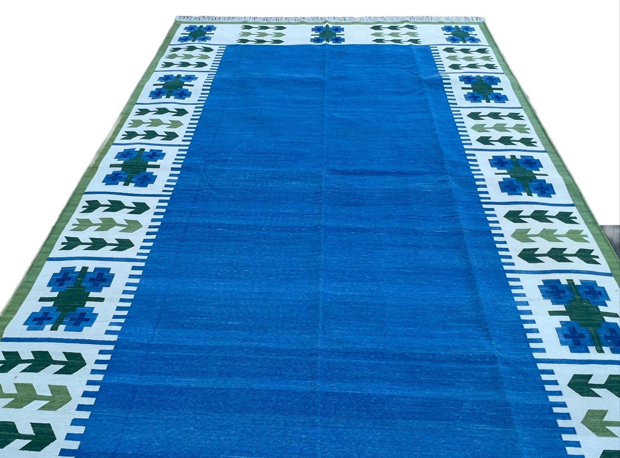 Handmade Cotton Area Flat Weave Rug, Blue And Green Leaf Pattern Indian Dhurrie For Sale 12