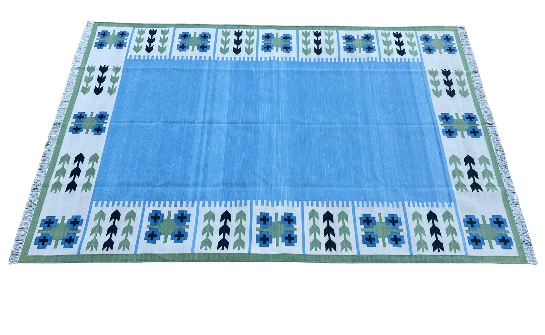 Mid-Century Modern Handmade Cotton Area Flat Weave Rug, Blue And Green Leaf Pattern Indian Dhurrie For Sale
