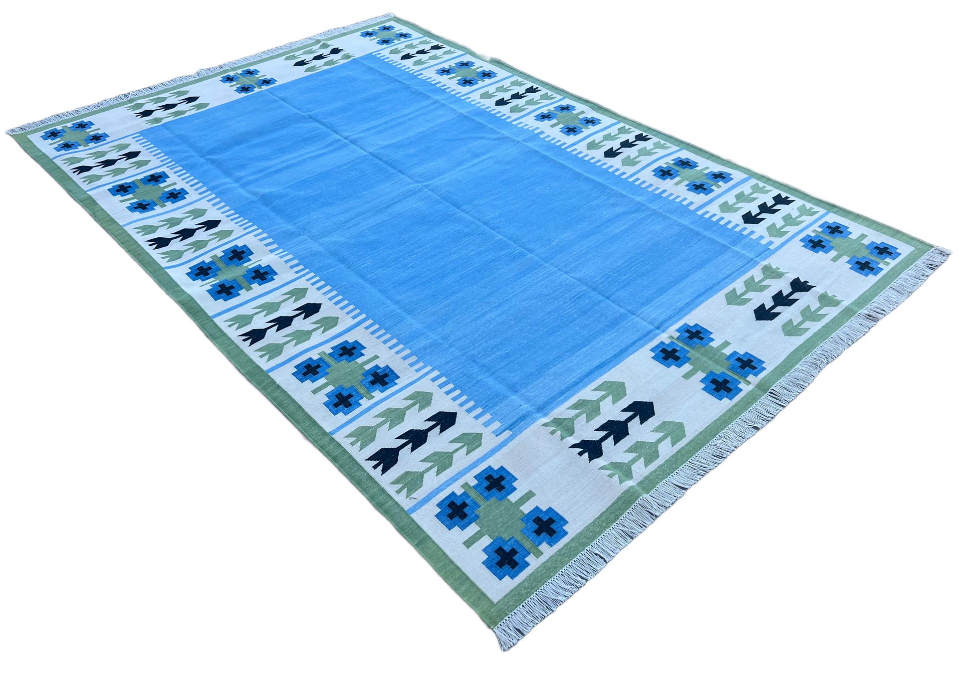 Hand-Woven Handmade Cotton Area Flat Weave Rug, Blue And Green Leaf Pattern Indian Dhurrie For Sale