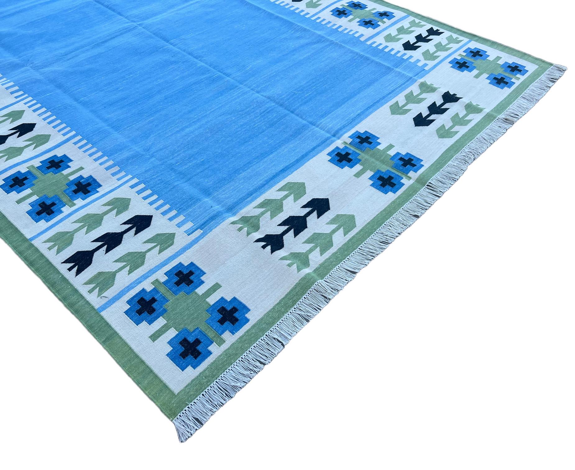 Contemporary Handmade Cotton Area Flat Weave Rug, Blue And Green Leaf Pattern Indian Dhurrie For Sale
