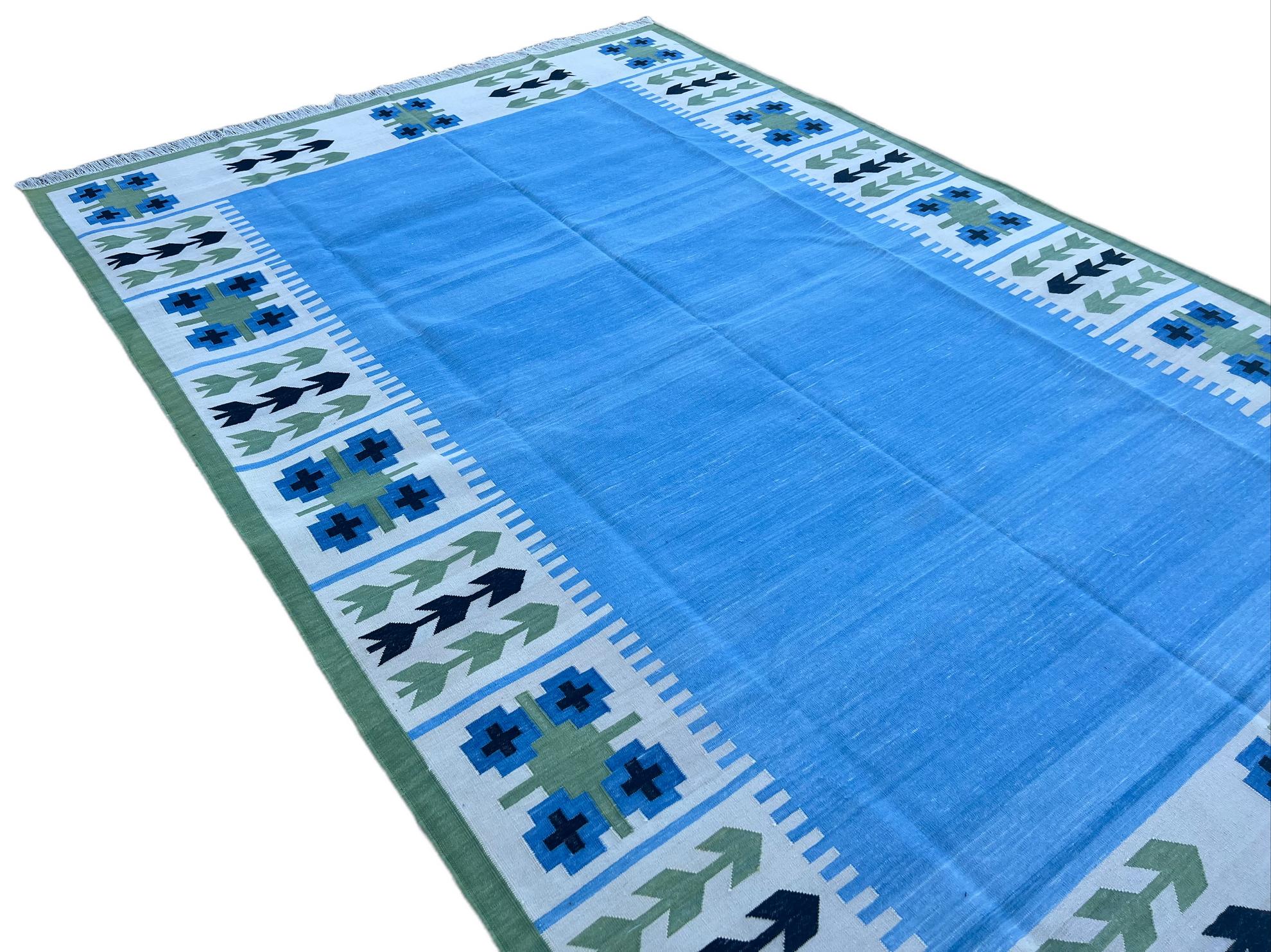 Handmade Cotton Area Flat Weave Rug, Blue And Green Leaf Pattern Indian Dhurrie For Sale 1