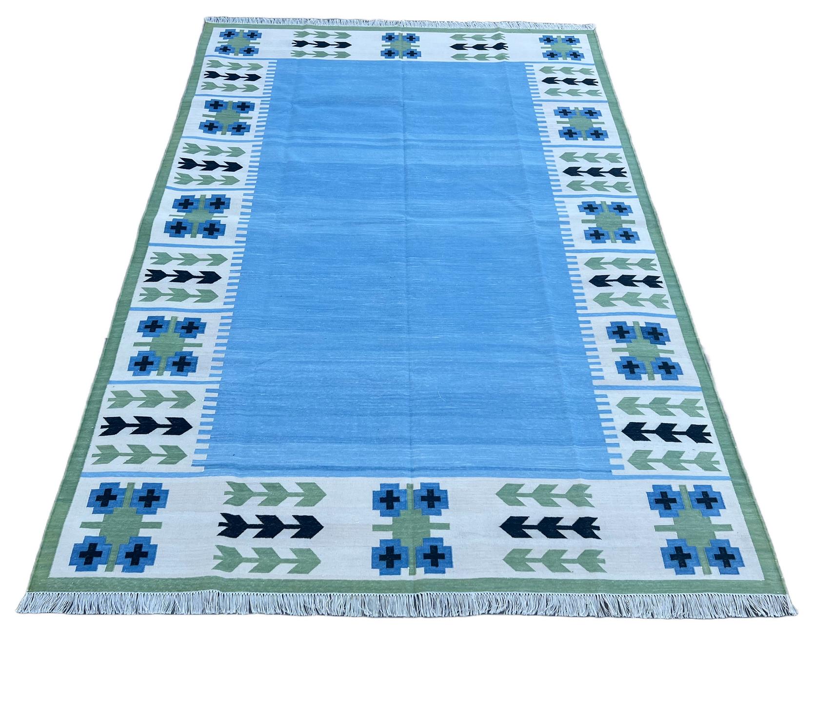Handmade Cotton Area Flat Weave Rug, Blue And Green Leaf Pattern Indian Dhurrie For Sale 2
