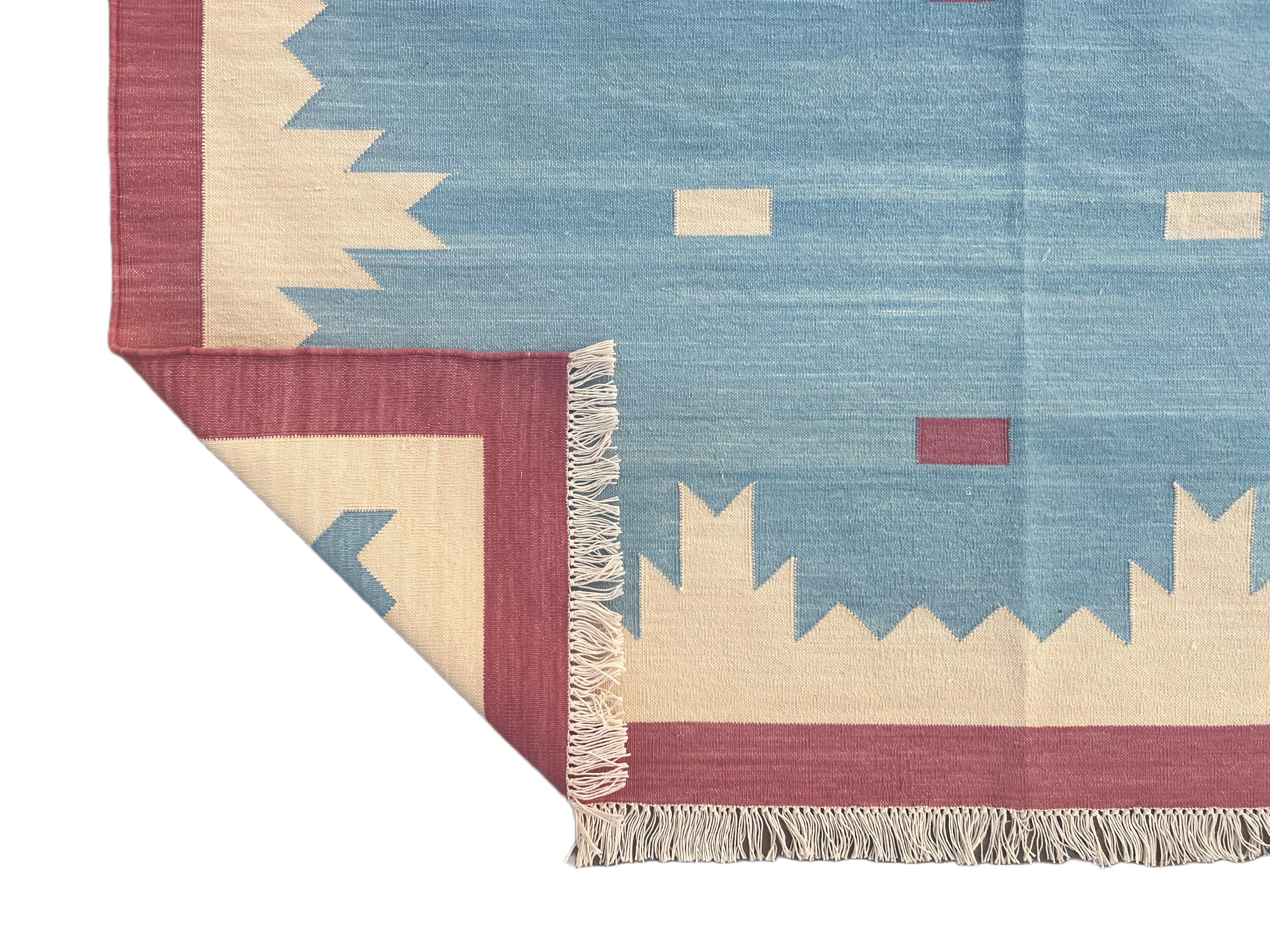 Handmade Cotton Area Flat Weave Rug, Blue And Pink Geometric Indian Dhurrie Rug For Sale 5