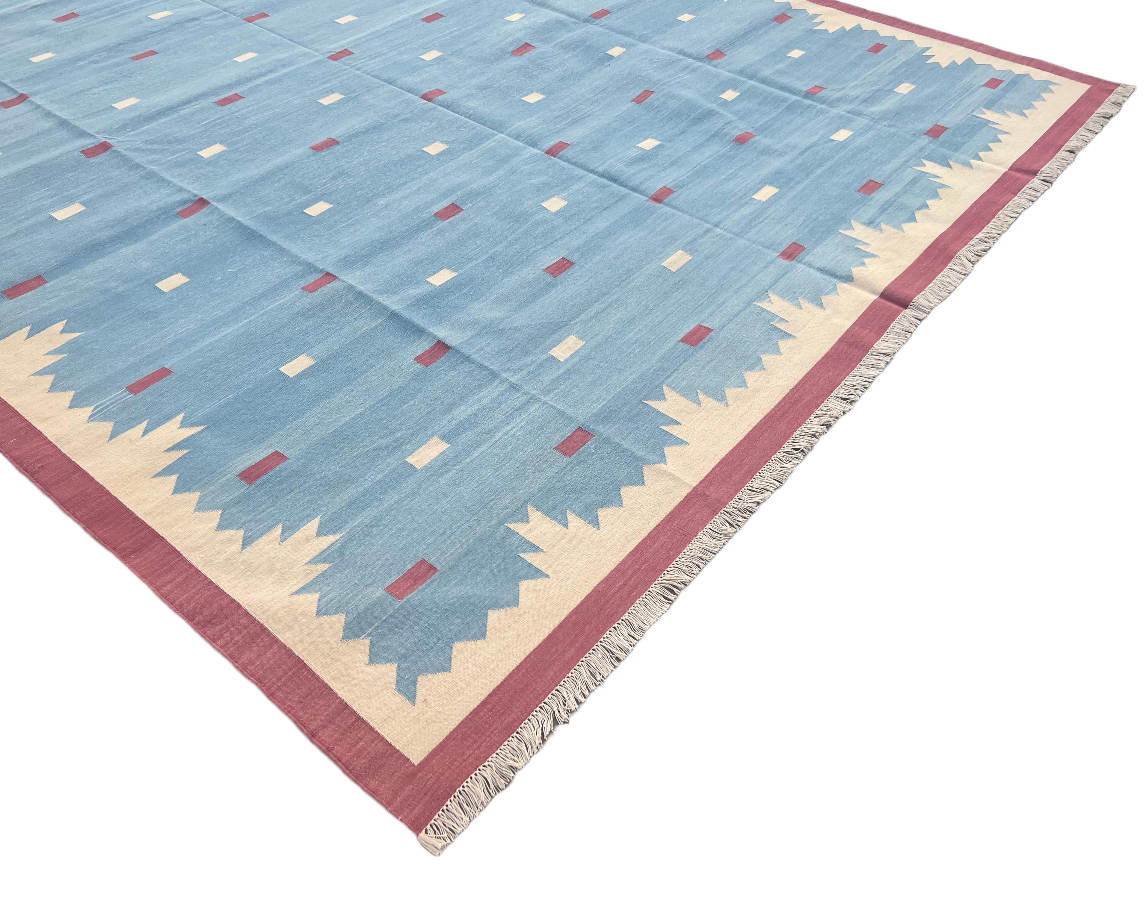 Mid-Century Modern Handmade Cotton Area Flat Weave Rug, Blue And Pink Geometric Indian Dhurrie Rug For Sale
