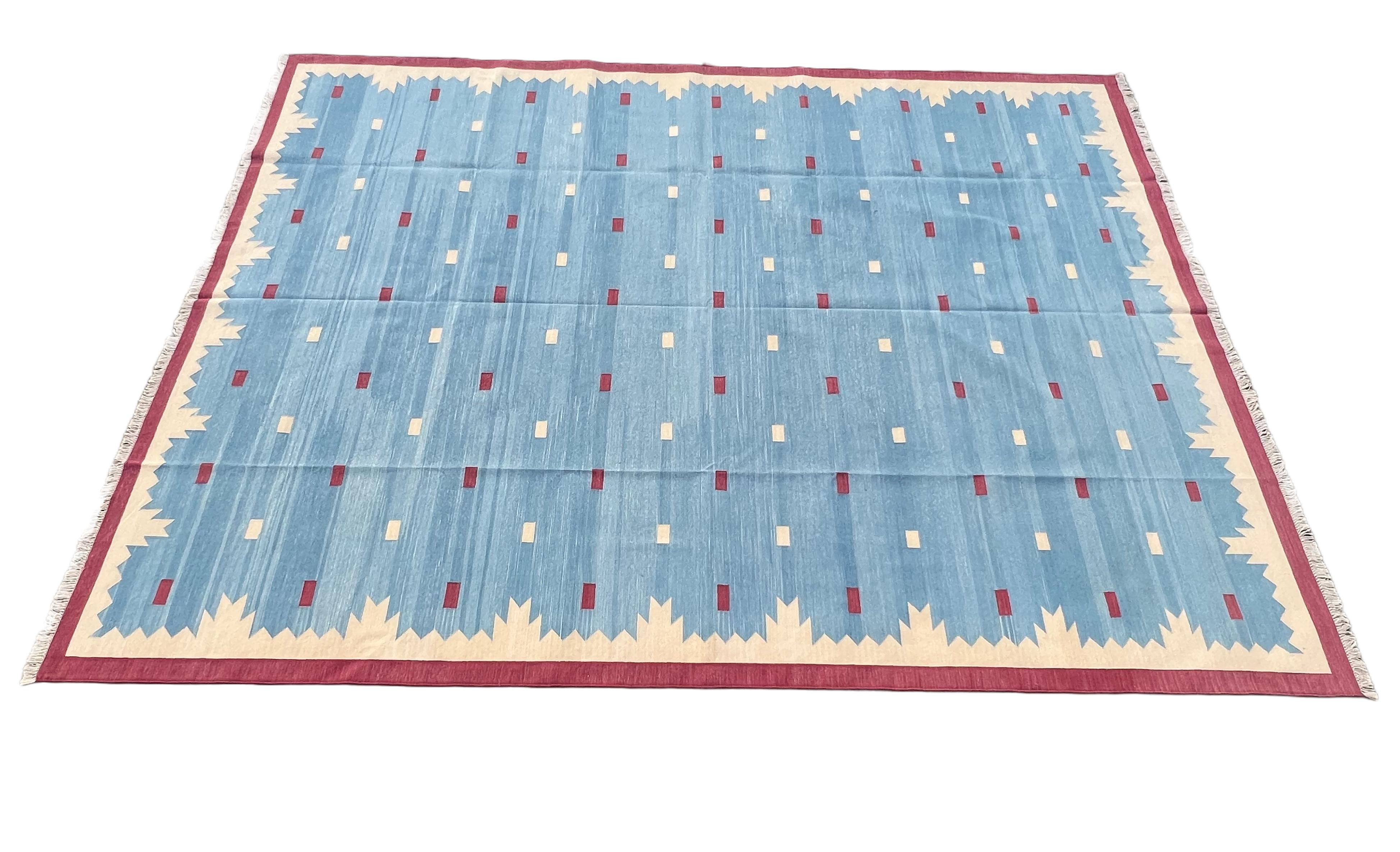 Hand-Woven Handmade Cotton Area Flat Weave Rug, Blue And Pink Geometric Indian Dhurrie Rug For Sale