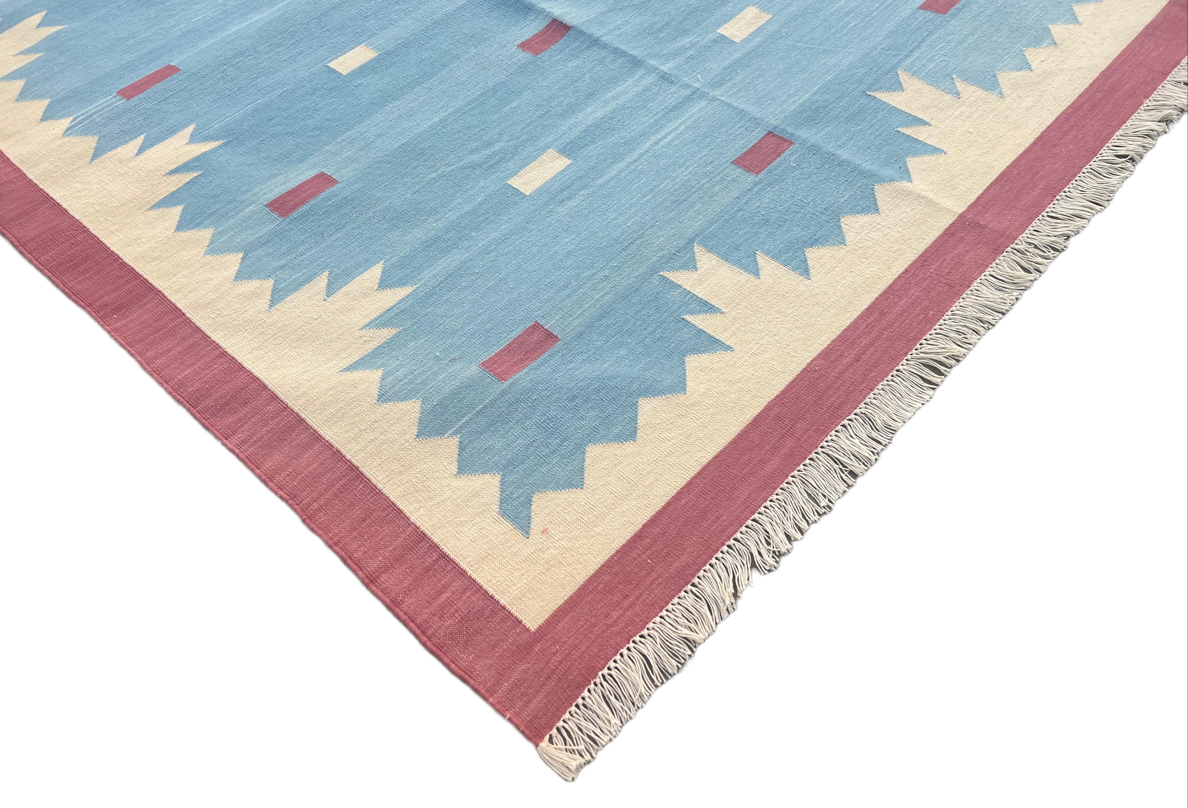 Contemporary Handmade Cotton Area Flat Weave Rug, Blue And Pink Geometric Indian Dhurrie Rug For Sale