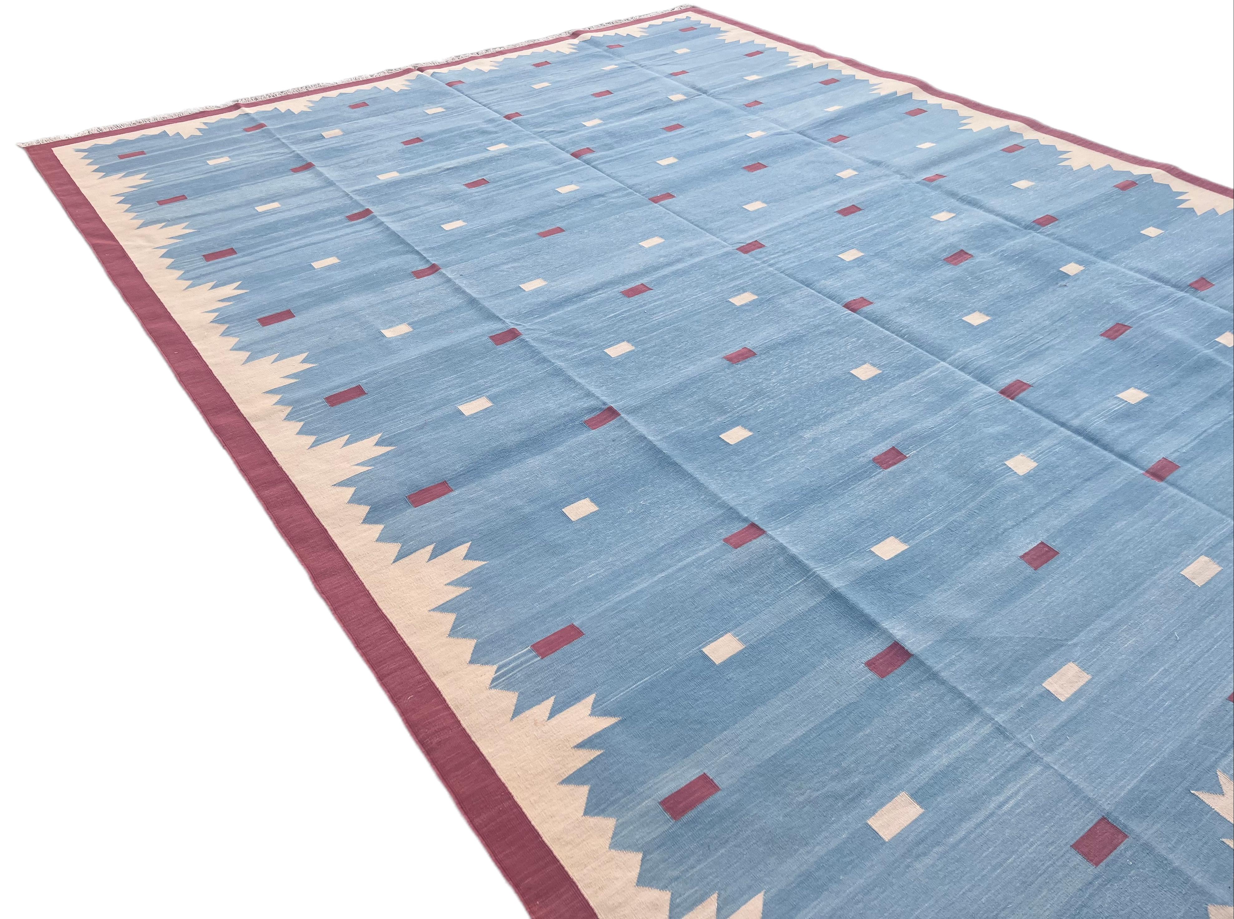 Handmade Cotton Area Flat Weave Rug, Blue And Pink Geometric Indian Dhurrie Rug For Sale 1