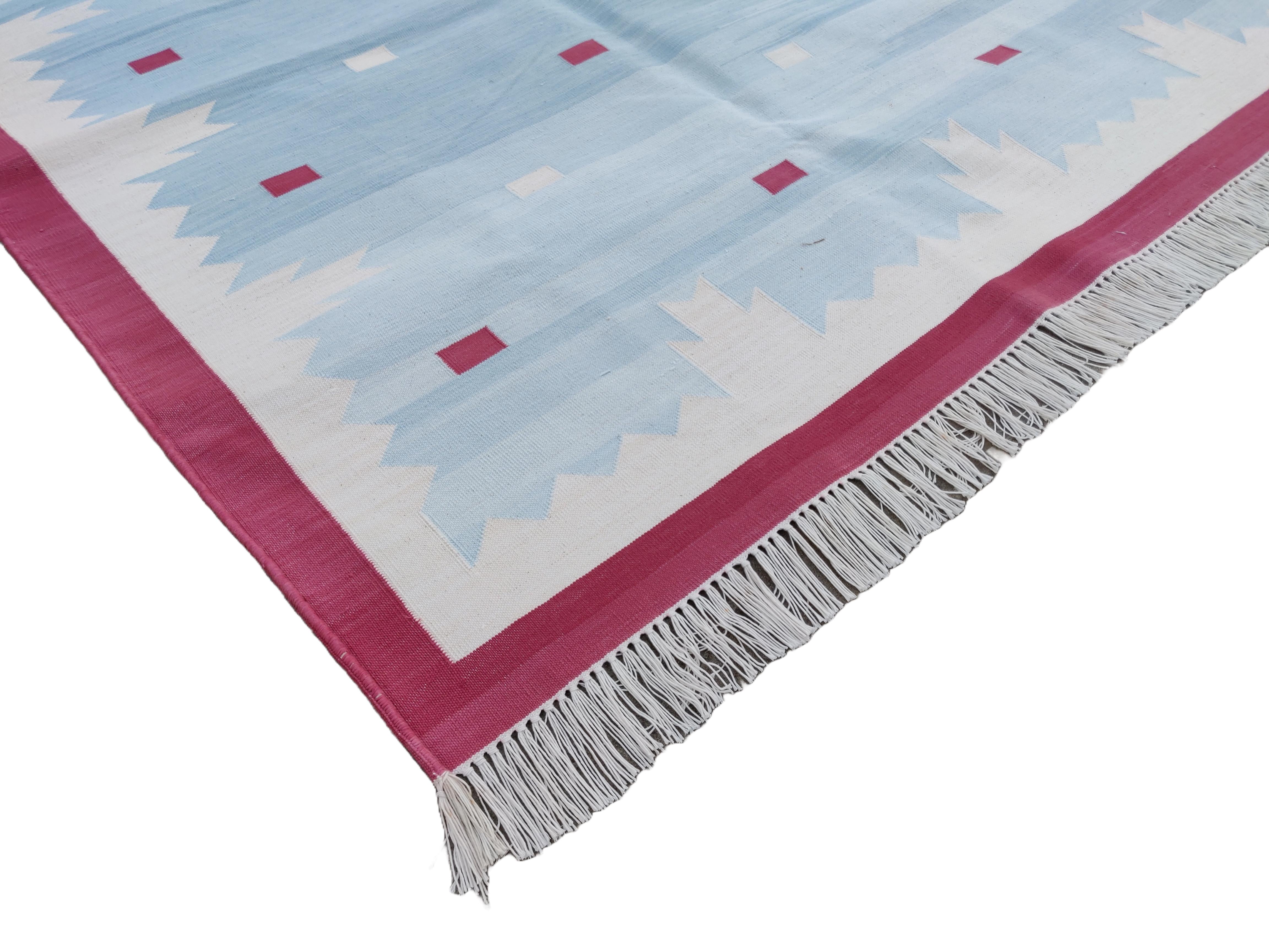 Handmade Cotton Area Flat Weave Rug, Blue And Pink Geometric Indian Dhurrie Rug For Sale 3